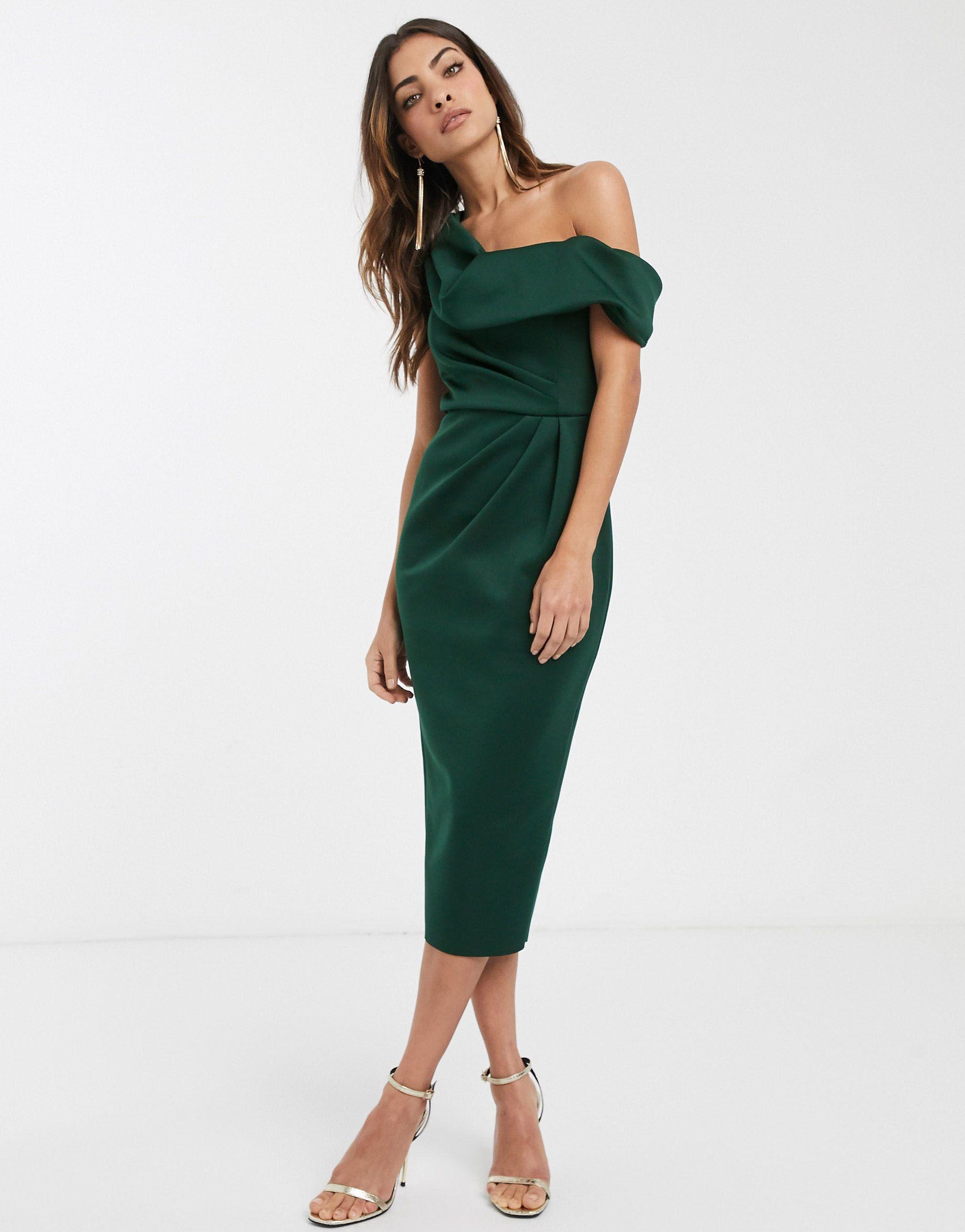 ASOS Drape Fallen Shoulder Midi Pencil Dress in Green Lyst