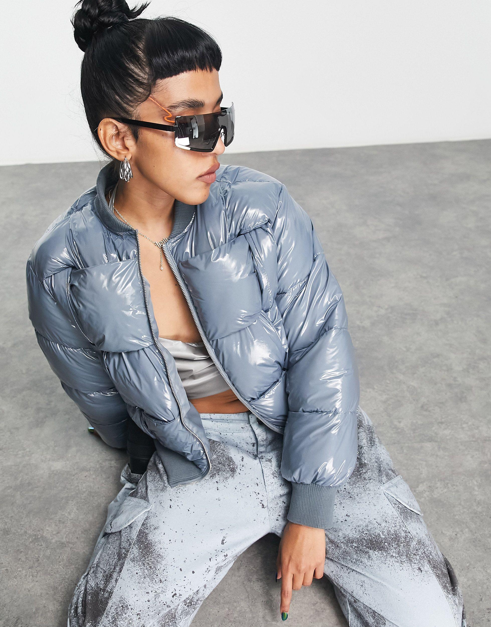 Collusion Quilted Weaved High Shine Puffer Jacket in Blue Lyst