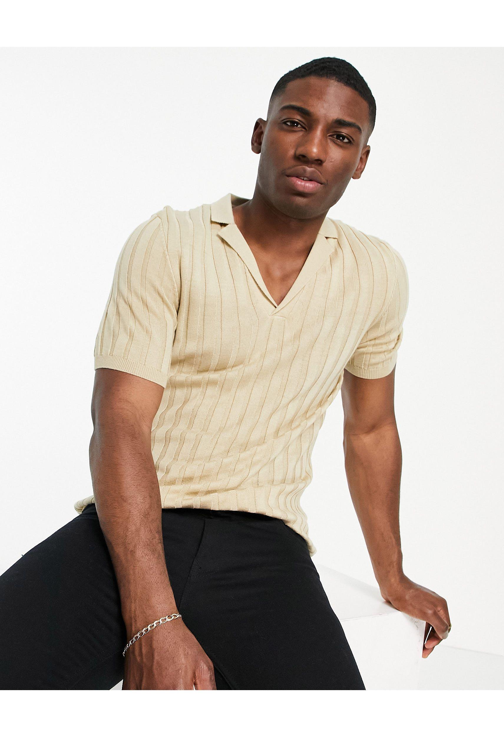 ASOS Knitted Ribbed Revere Polo T-shirt Oatmeal in Natural for Men