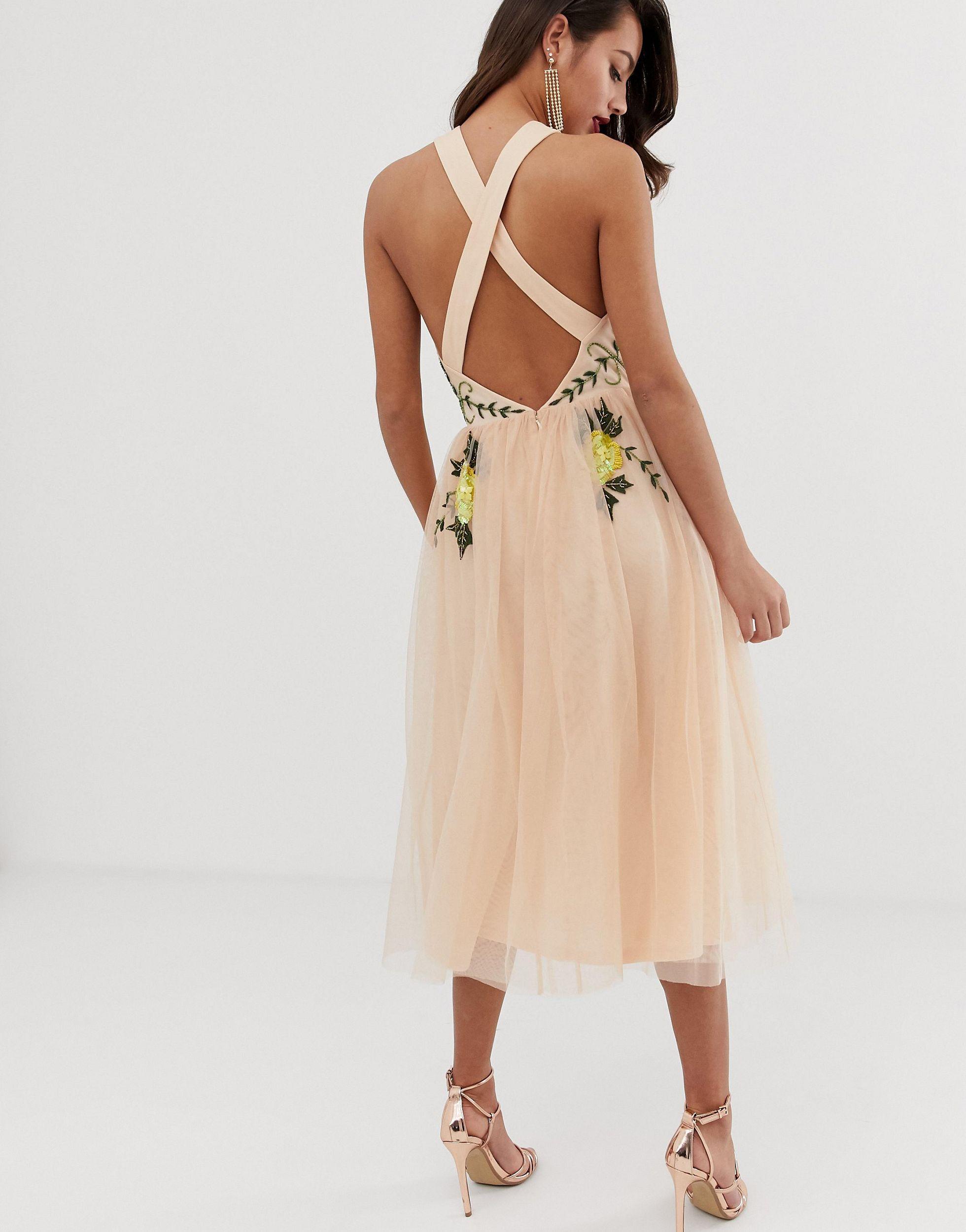 asos design embellished halter midi dress with floral embroidery