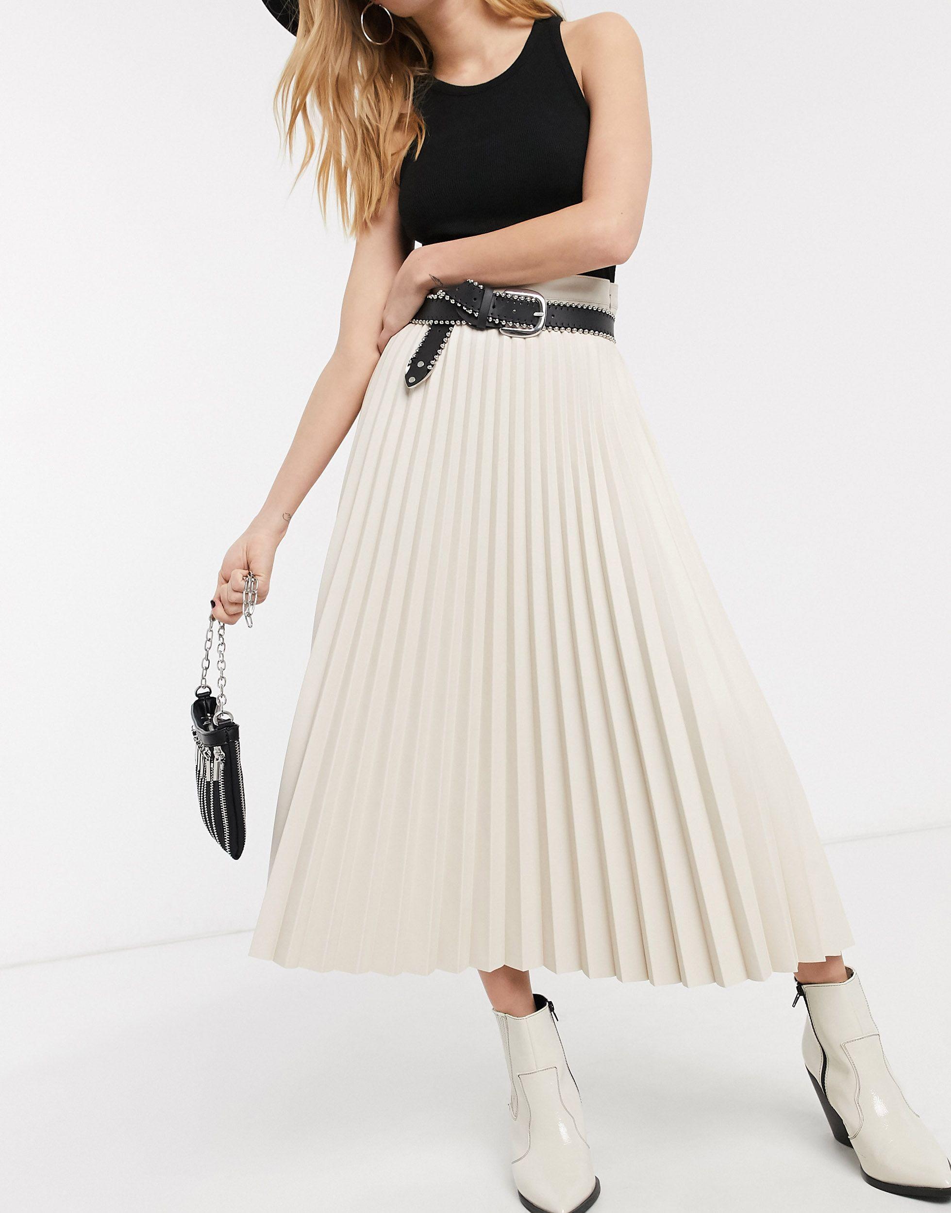 TOPSHOP Faux Leather Pleated Midi Skirt in Cream (Natural) | Lyst