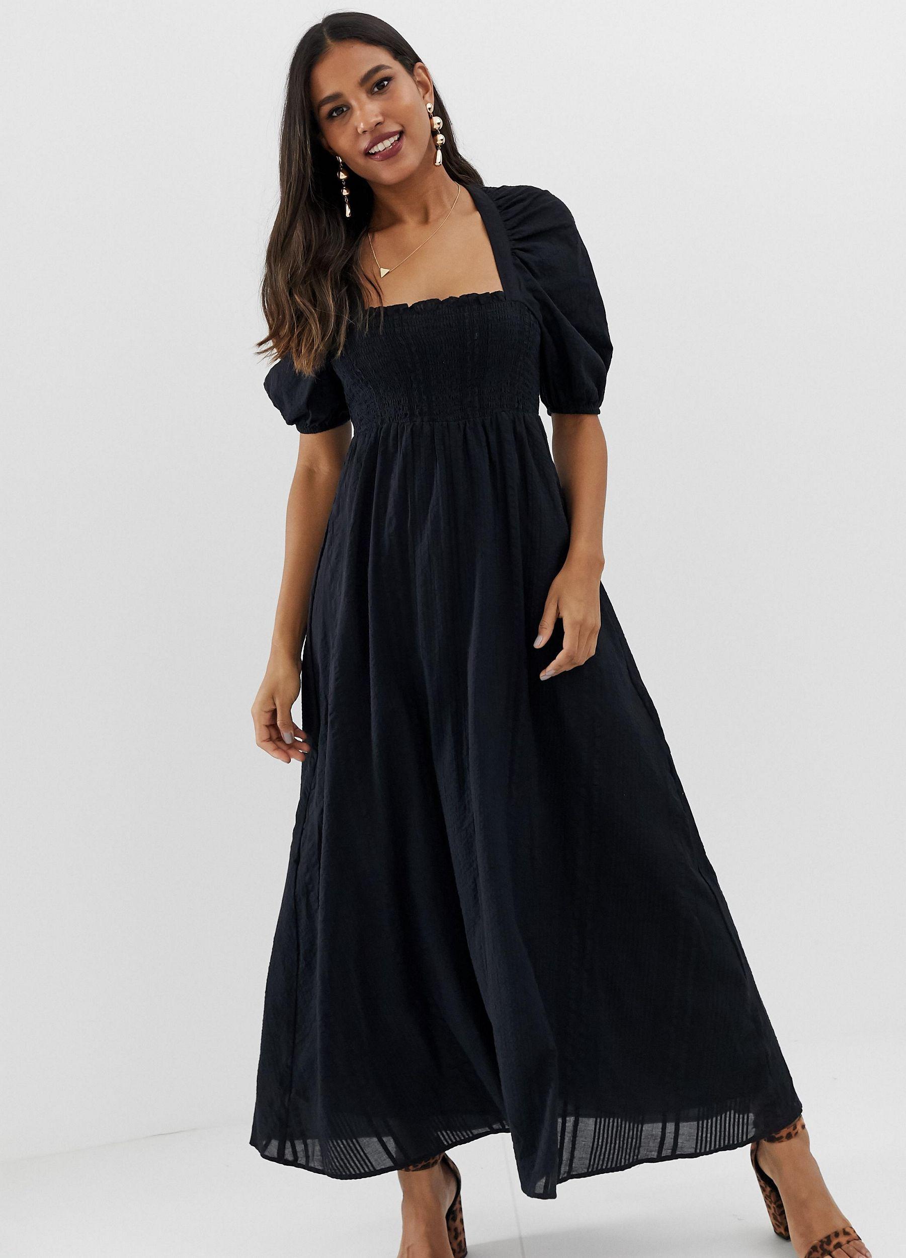 black shirred maxi dress