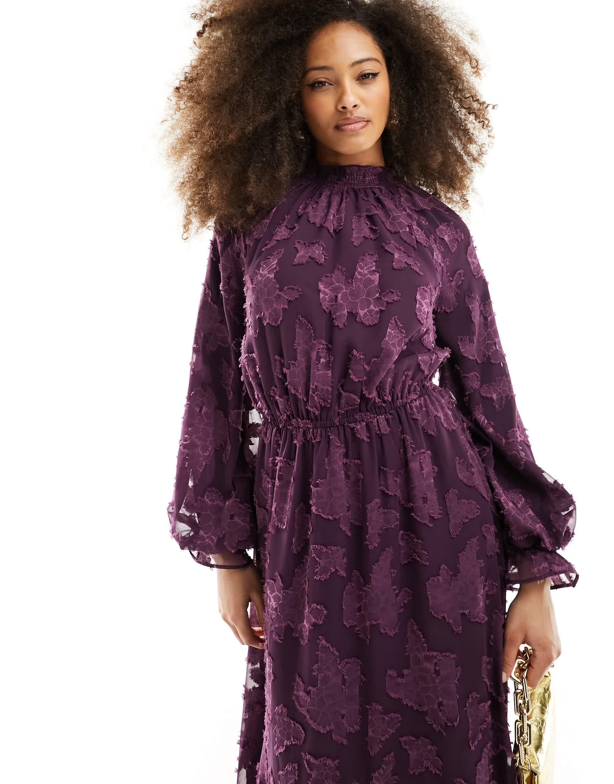 Robe longue en jacquard a col montant et manches oversize prune ASOS en coloris Violet Lyst