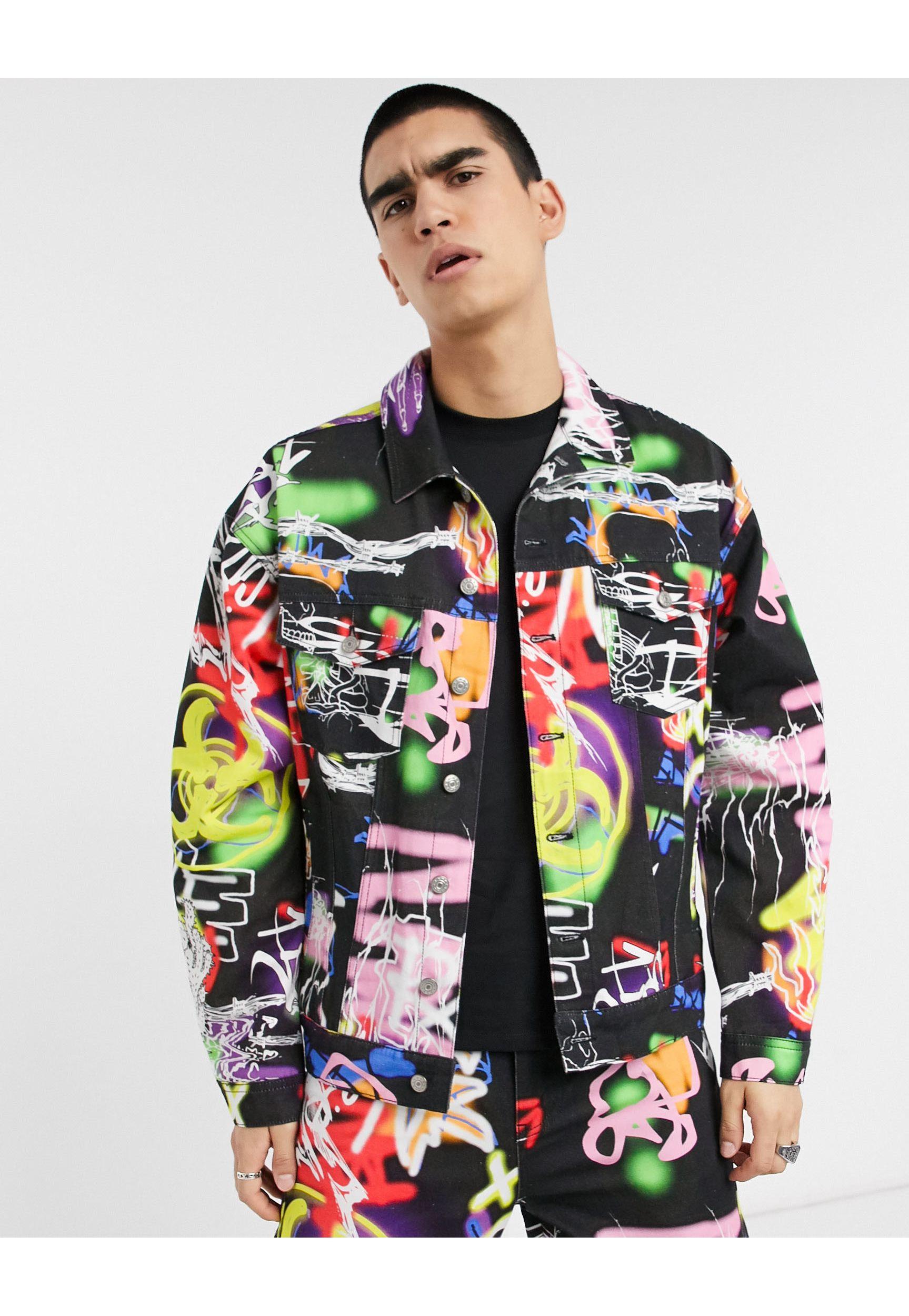 Jaded London Jaded Black Airbrush Graffiti Denim Jacket for Men