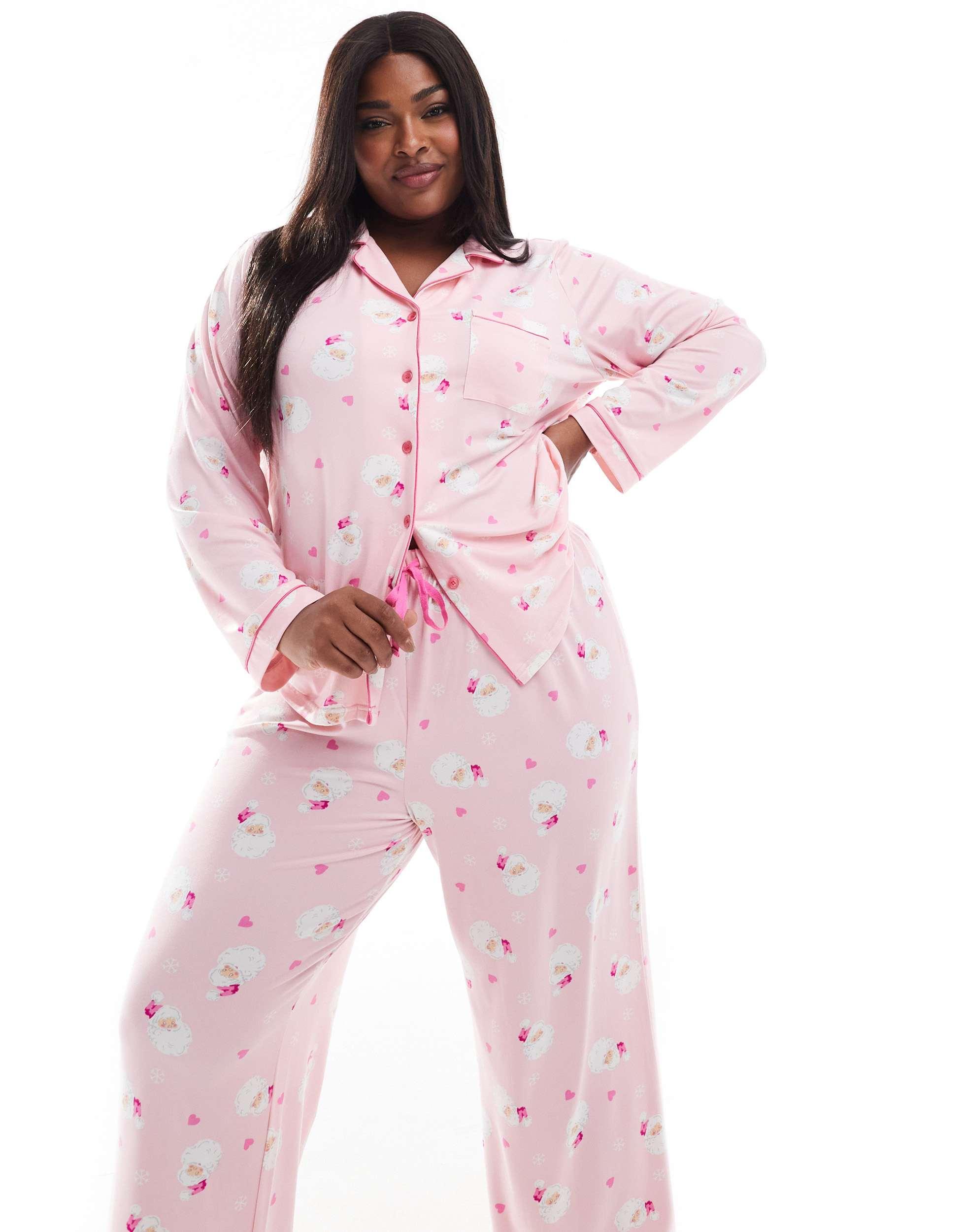 Loungeable Curve Christmas Santa Print Jersey Pyjama Set in Pink Lyst Australia