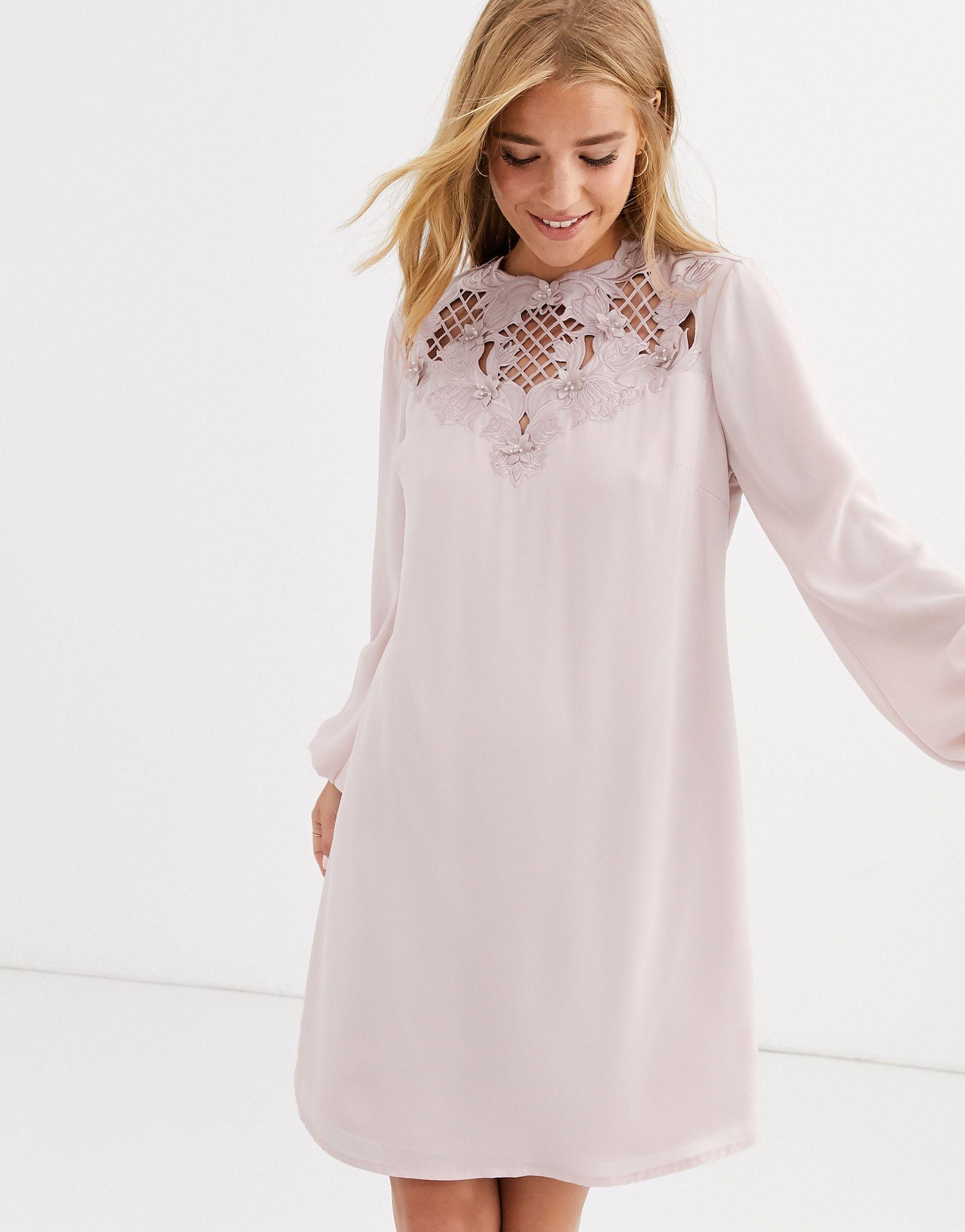 Lipsy Synthetic Long Sleeve Embroidered Shift Dress in Pink - Lyst