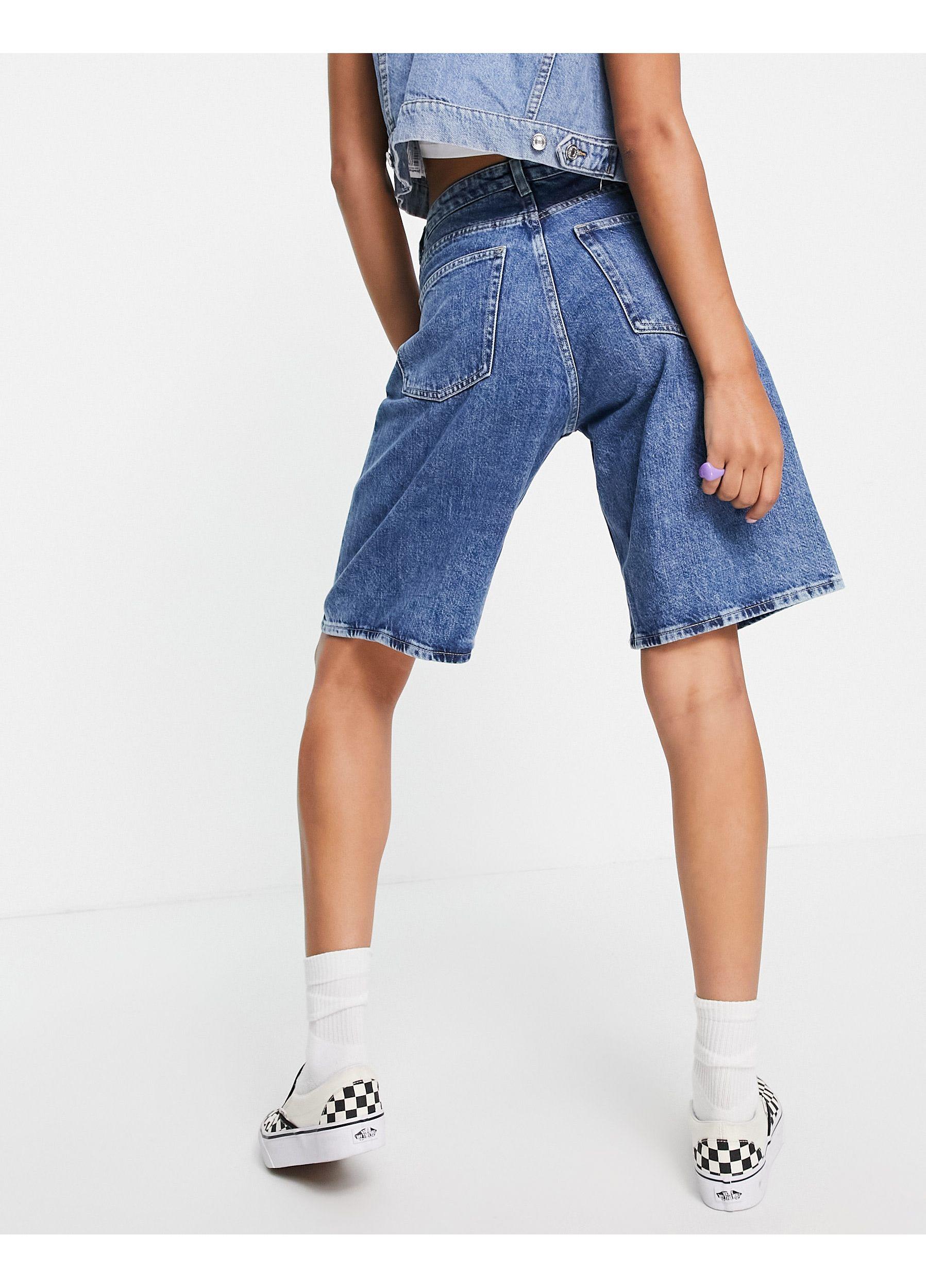 Monki Liv Organic Cotton Long Denim Shorts in Blue | Lyst