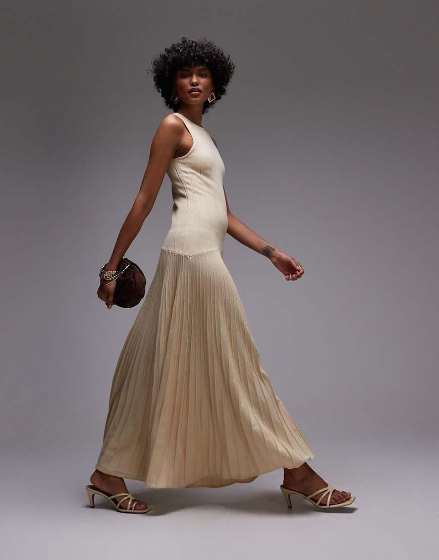 Vestido Largo Amarillo Crema Con Cintura Baja De Punto Compacto De