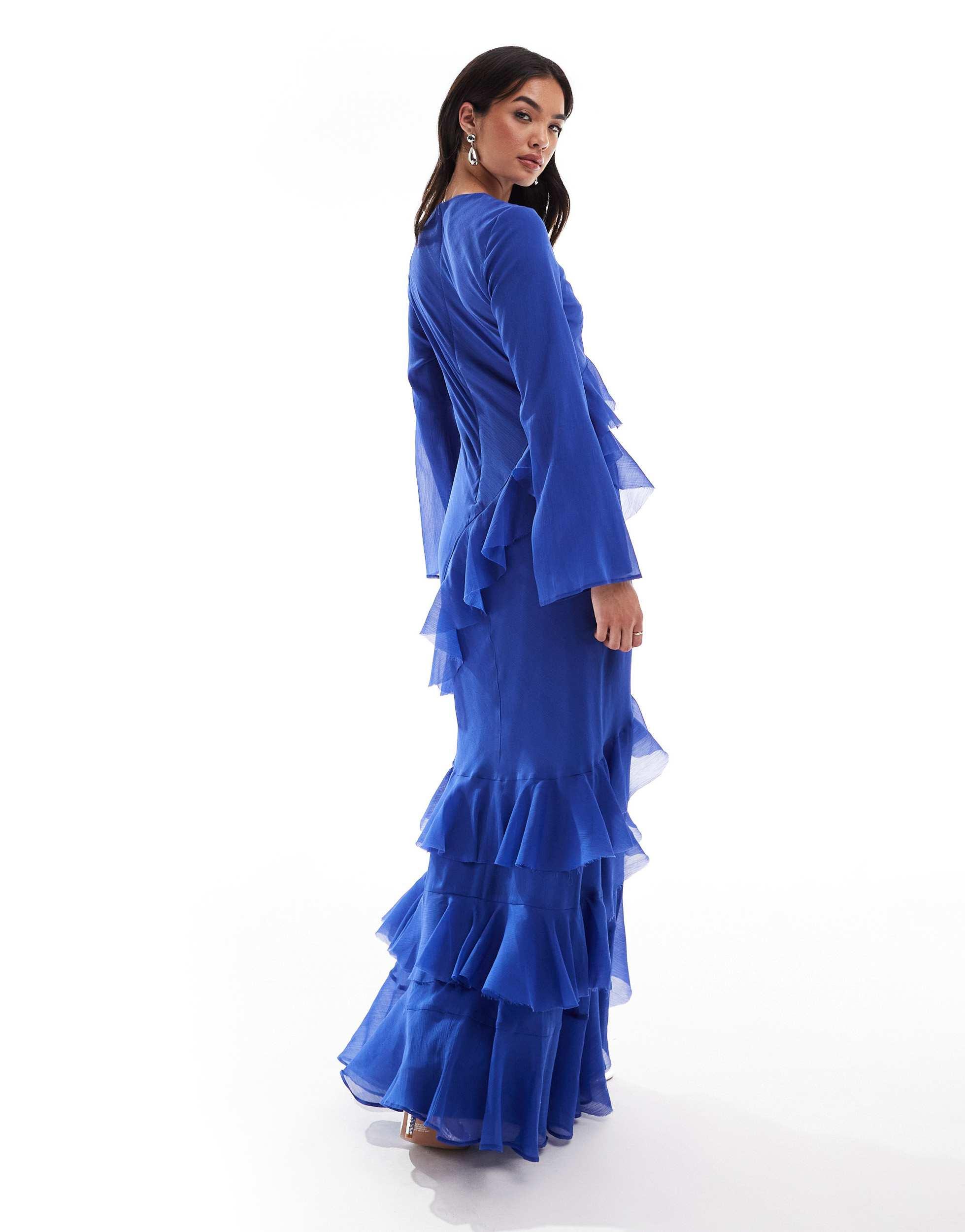 cobalt blue maxi dress with sleeves Royal Blue Pleated V-Neck Maxi Dress