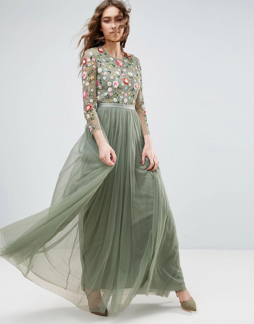 Needle & Thread Needle And Thread Long Sleeve Embroidered Maxi Dress in  Green | Lyst