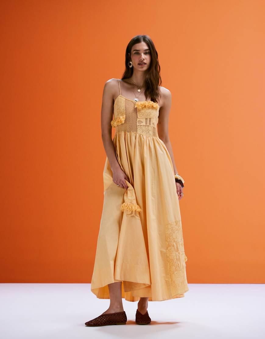 Orange Cami Lace Midi Dress Women's Lace Top Tulle Cami Midi Dress