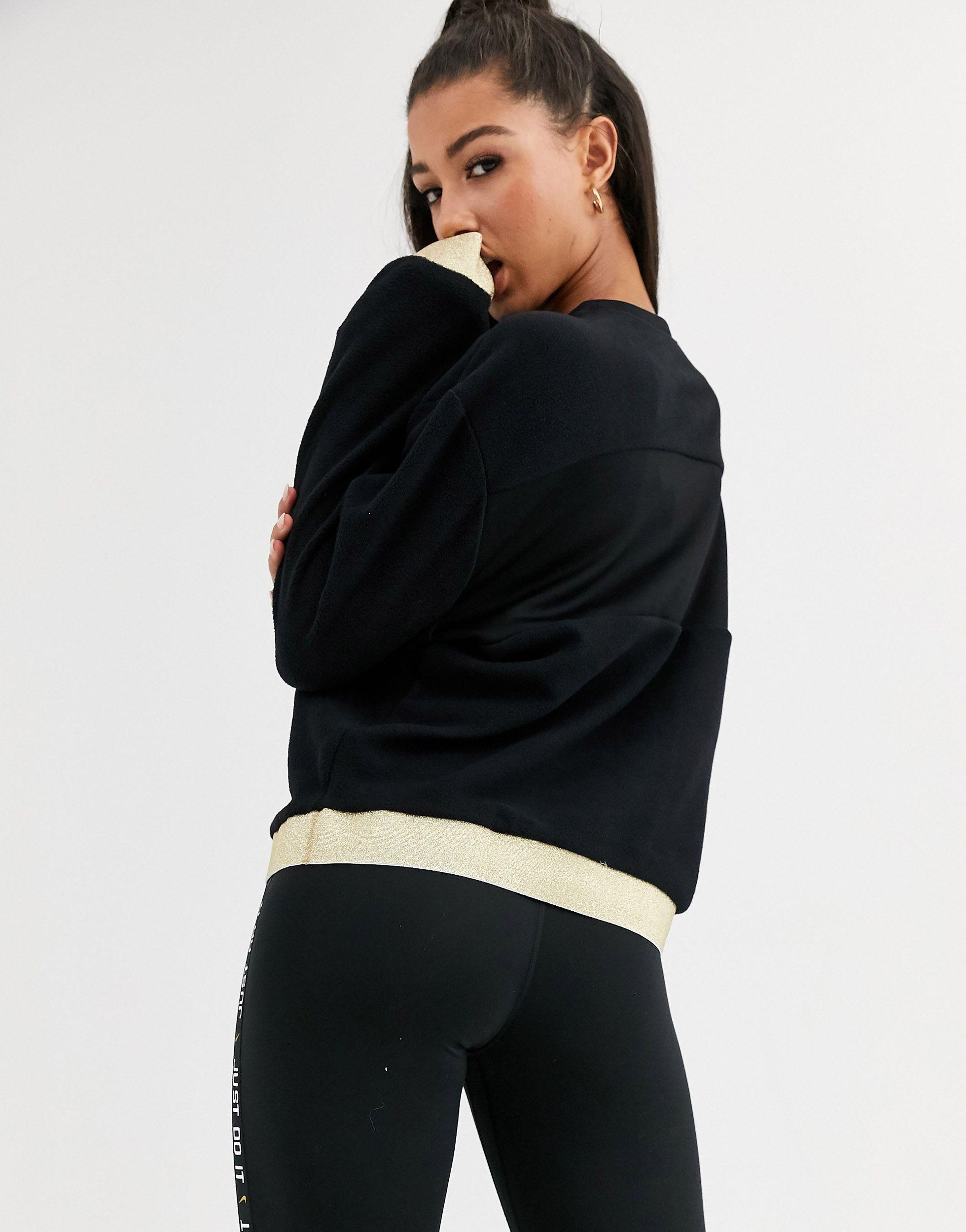 Nike Fleece Long Sleeve Top With Gold Sparkle Trim-black - Lyst
