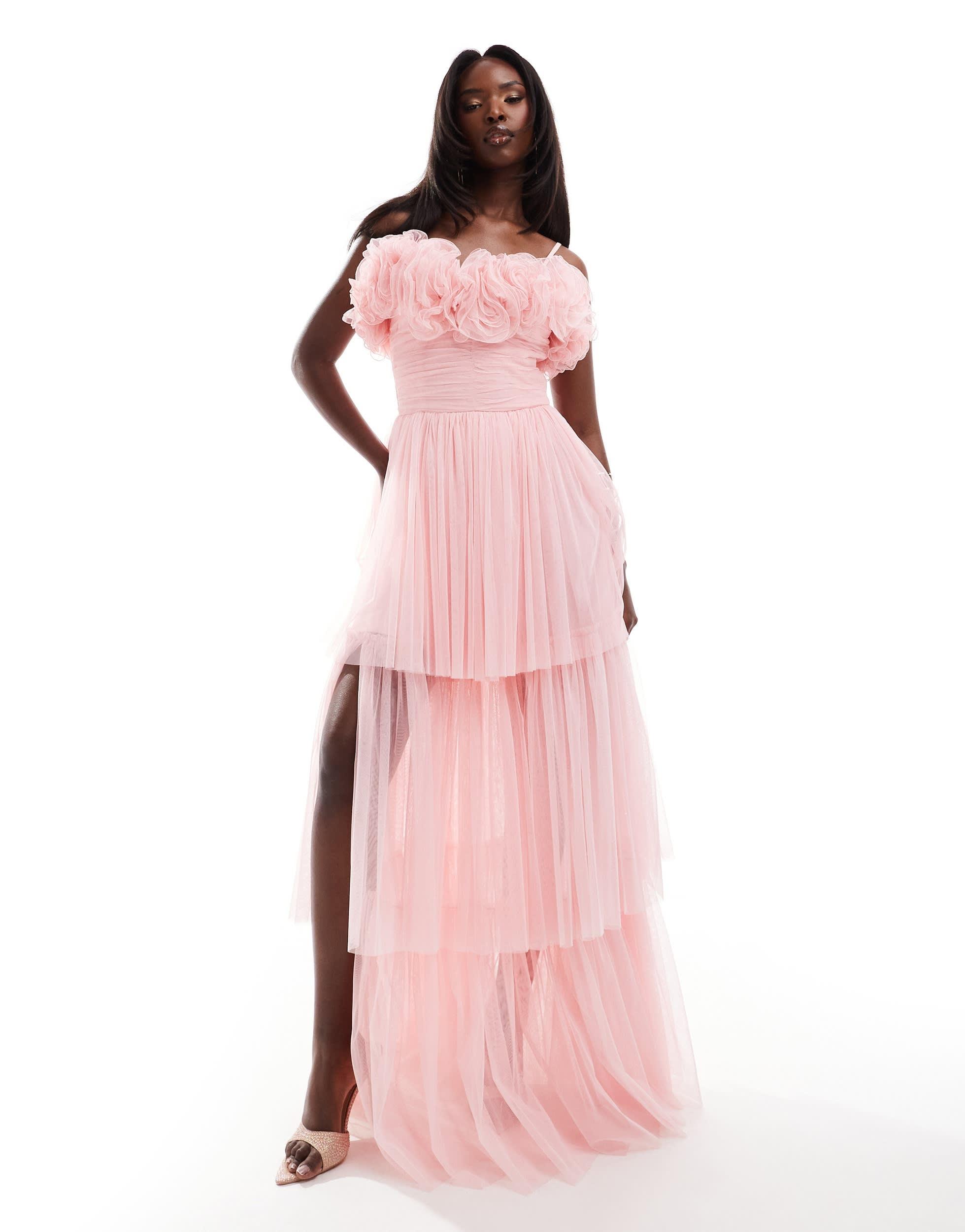Robe longue en tulle avec corset poudre LACE BEADS en coloris Rose Lyst