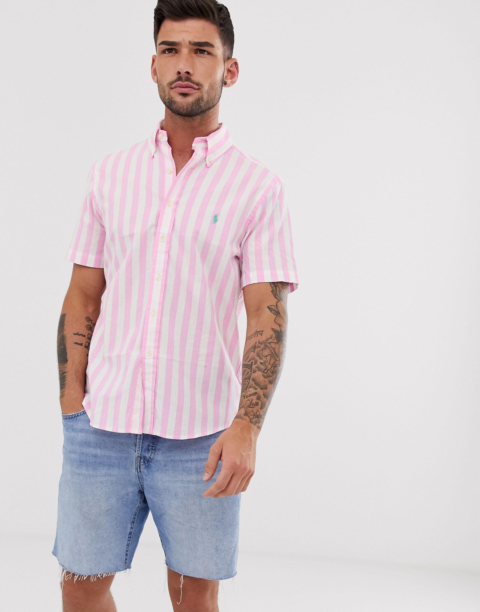 Polo Ralph Lauren Cotton Bold Stripe Short Sleeve Oxford Shirt Custom  Regular Fit Button Down Player Logo in Pink for Men | Lyst
