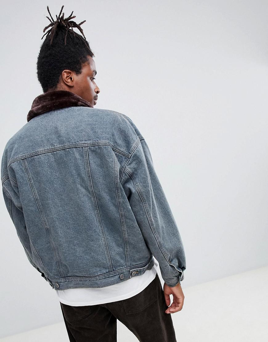 blue faux fur denim jacket