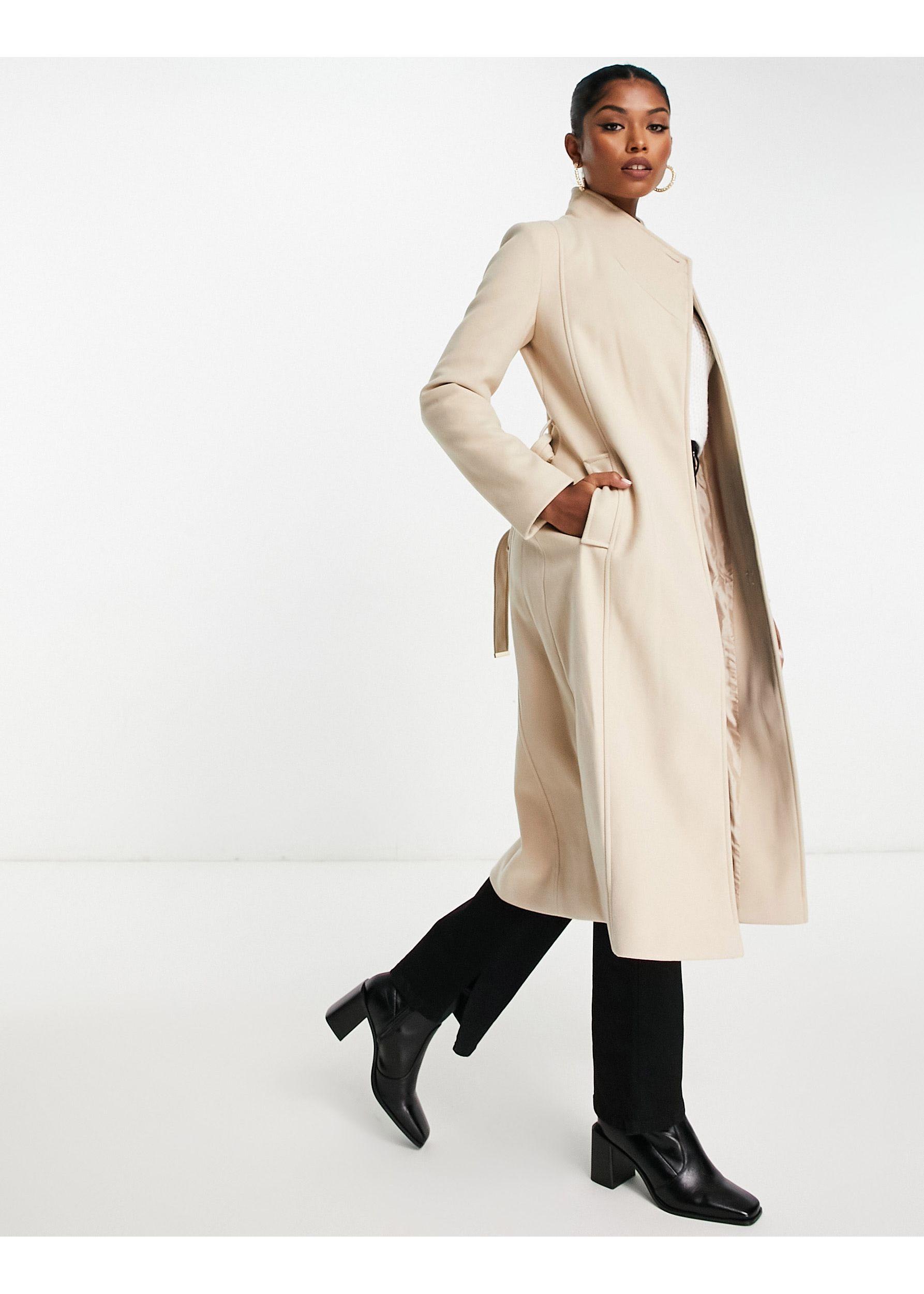 River Island Belted Funnel Neck Tailored Coat in White | Lyst