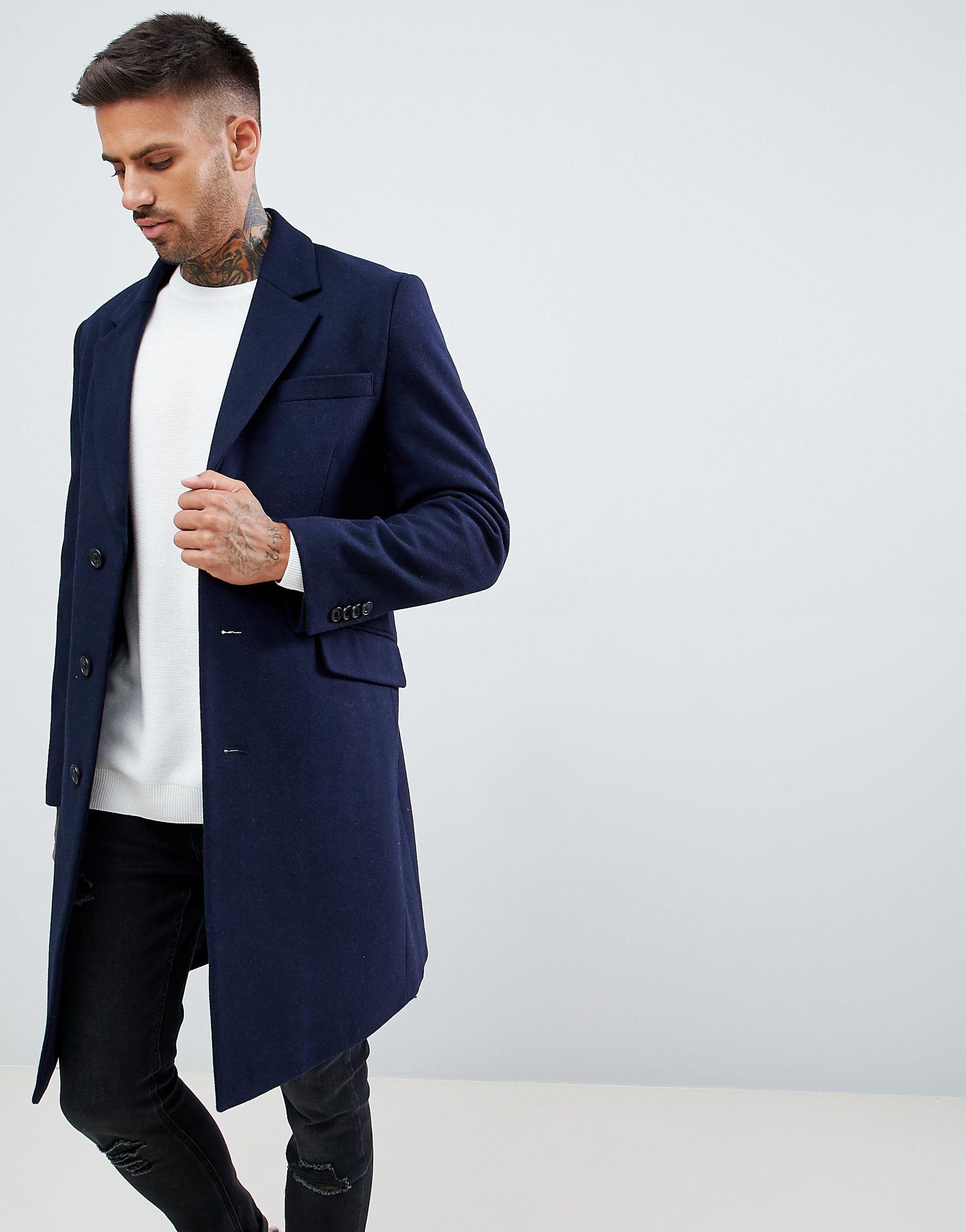 ASOS Wool Mix Overcoat in Navy (Blue) for Men | Lyst