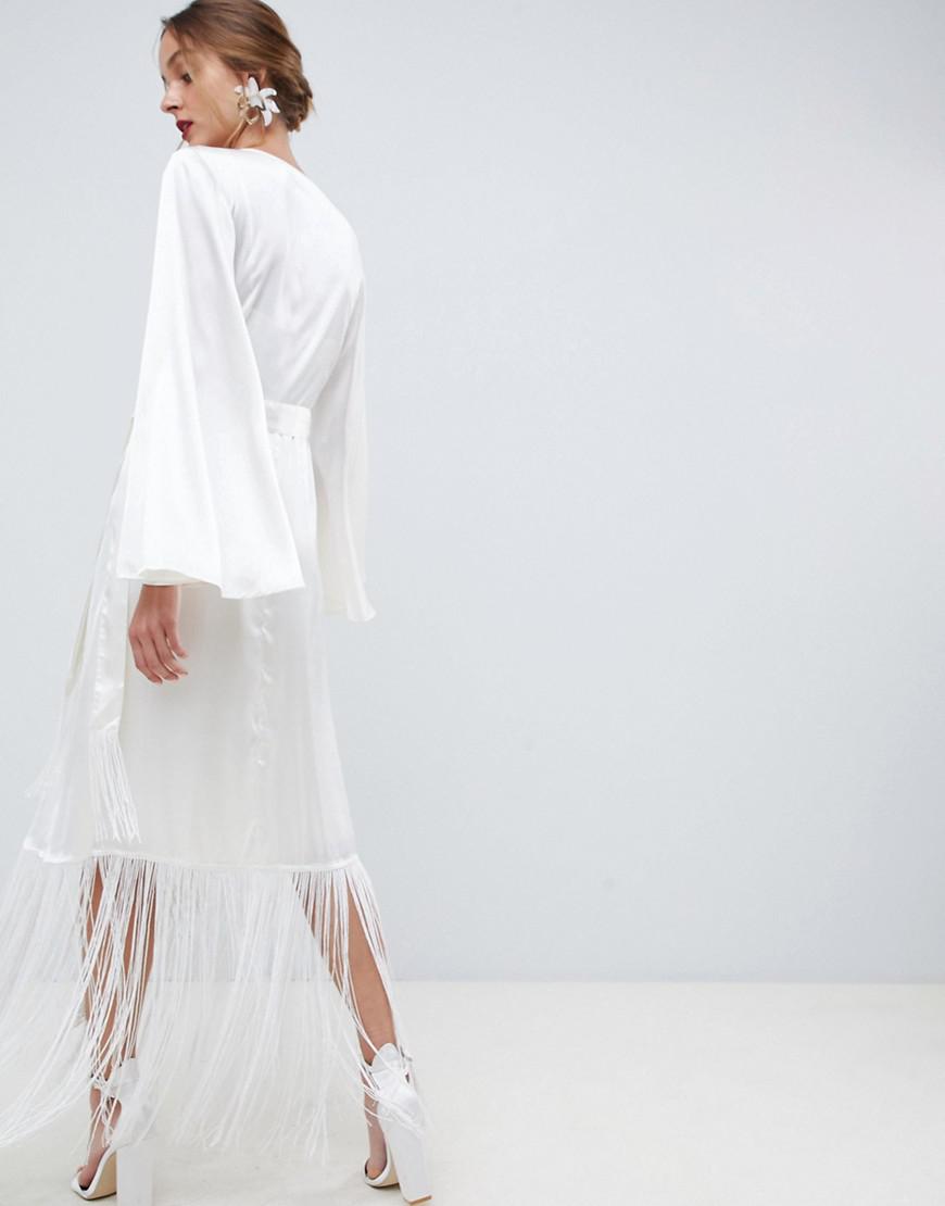 ASOS Satin Fringe Wrap Wedding Dress in Cream (White) | Lyst