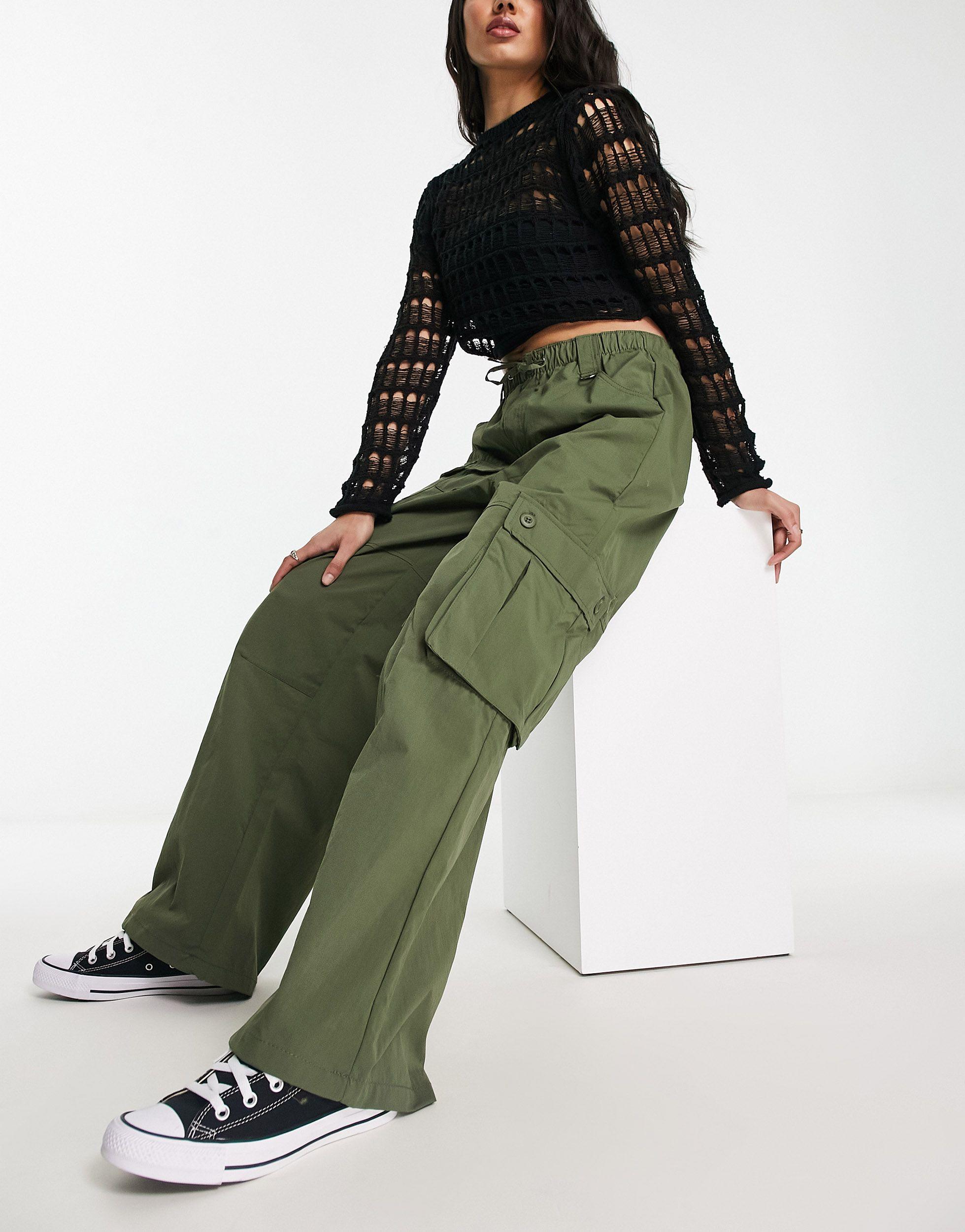 Bershka Drawstring Waist Nylon Wide Leg Cargo Pants in Green | Lyst  Australia