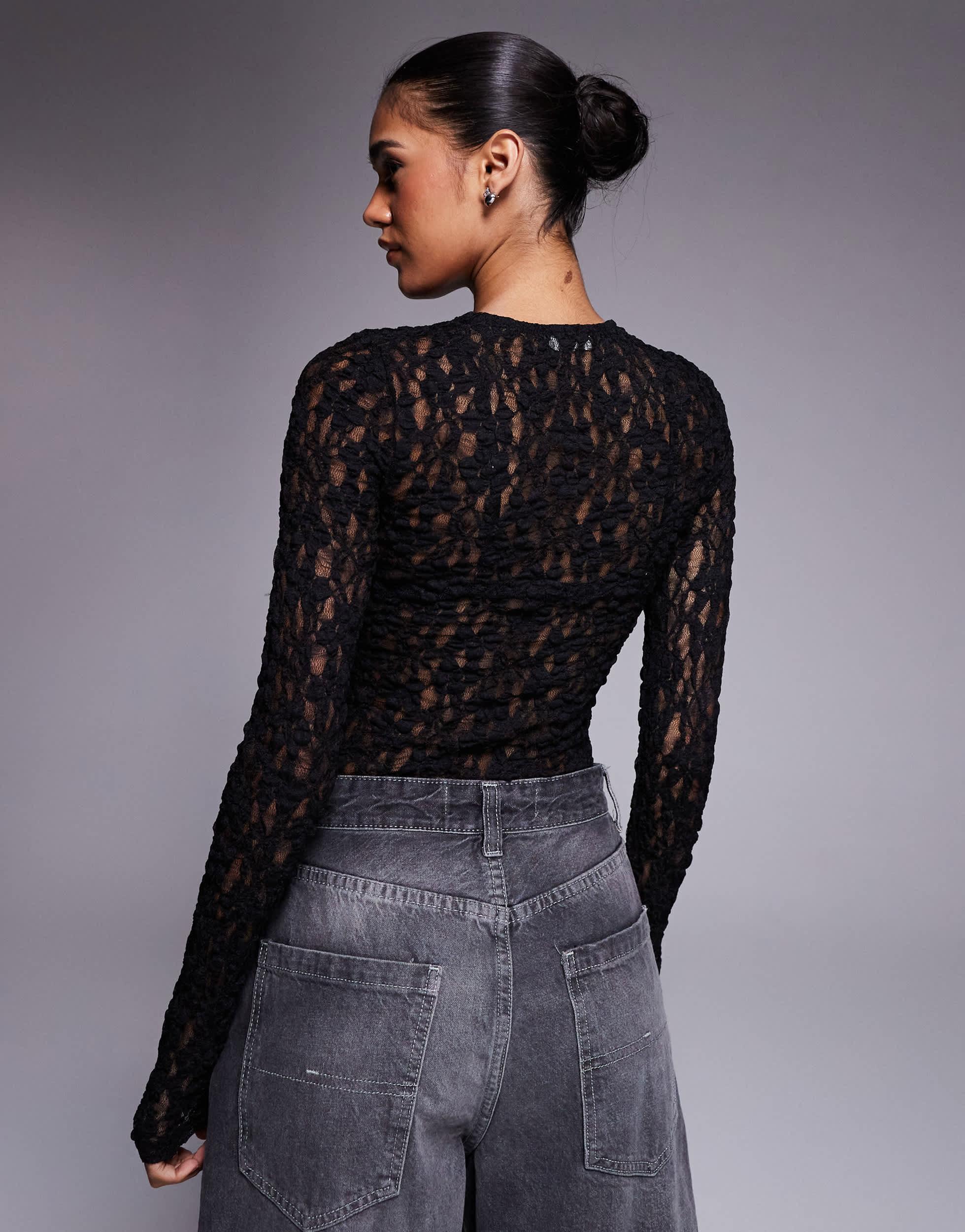 ASOS Sheer Lace Crew Neck Long Sleeve Top in Gray Lyst