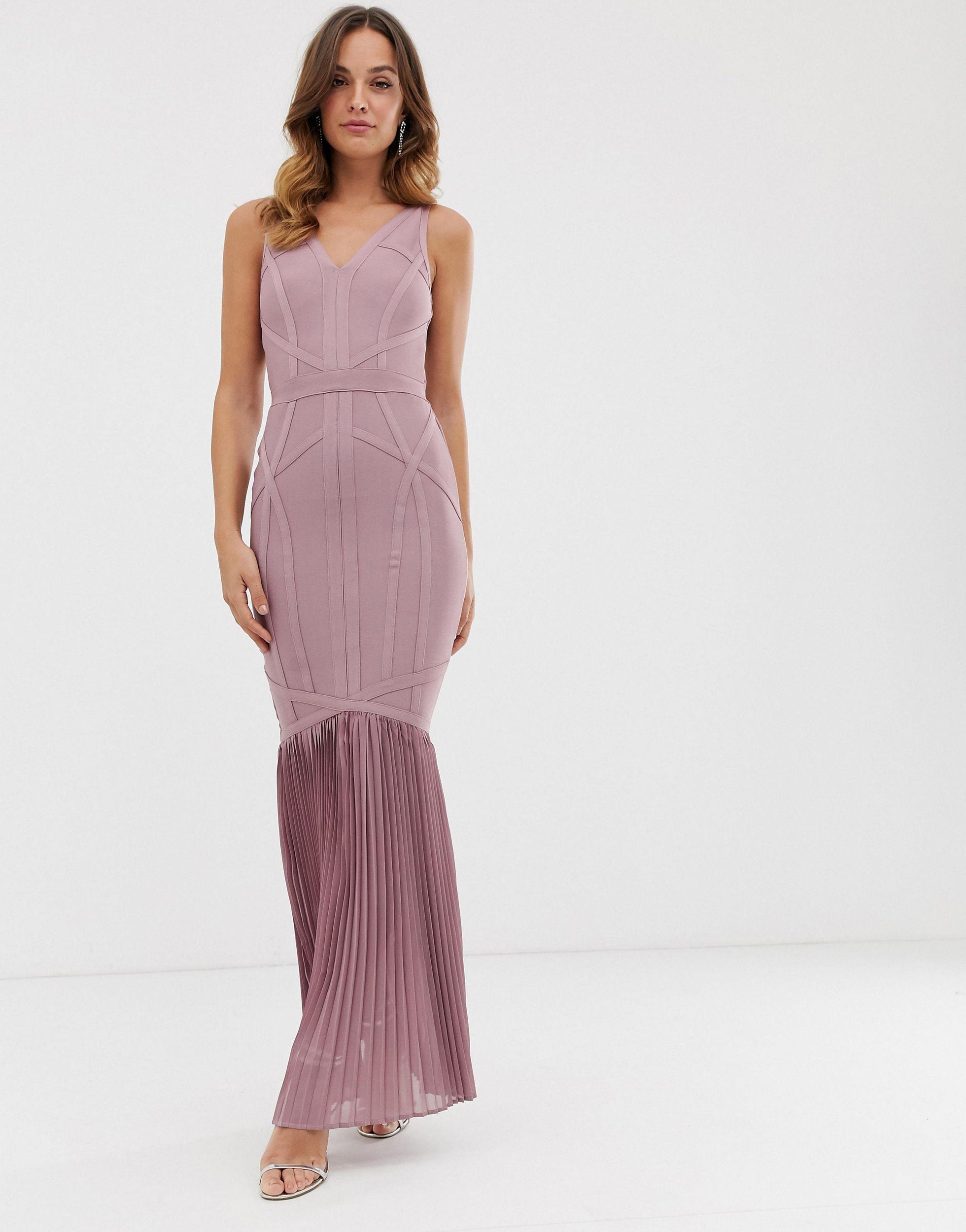 Lipsy Synthetic Bandage Maxi Dress With Pleated Fishtail in Purple - Lyst