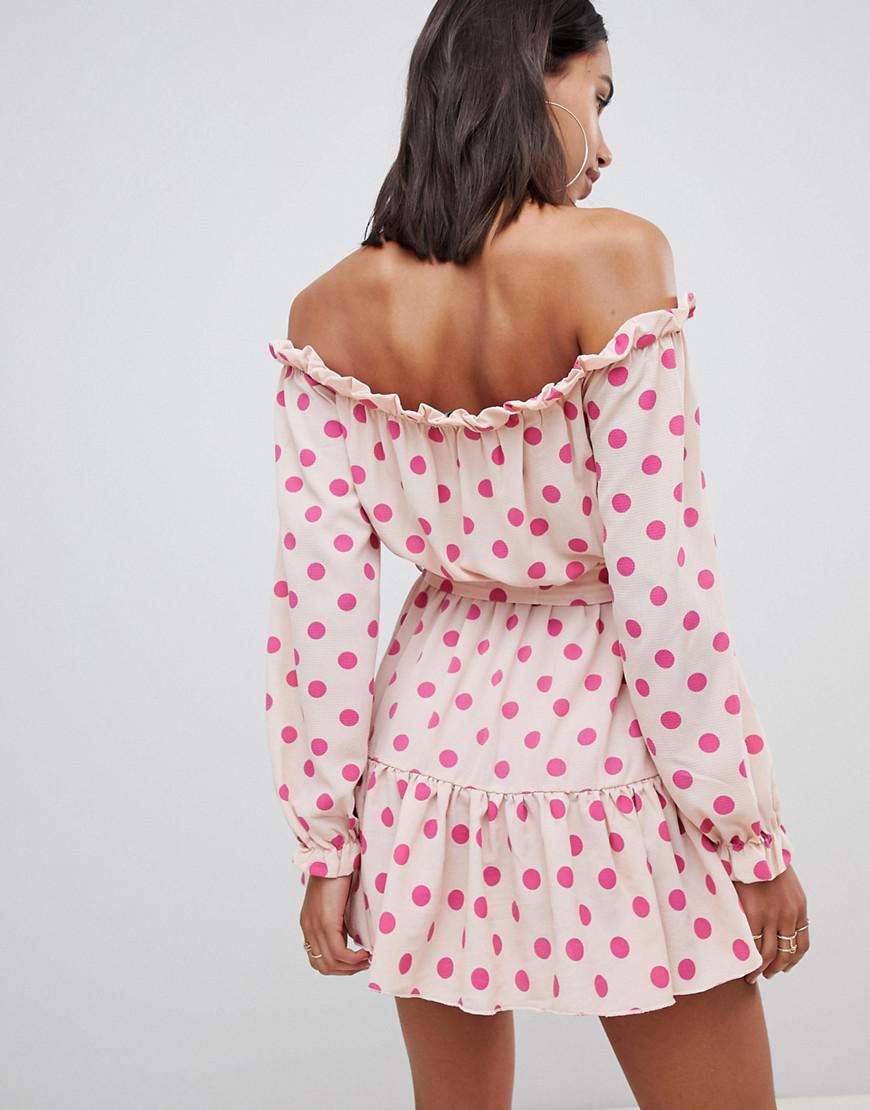 pink polka dot bardot dress