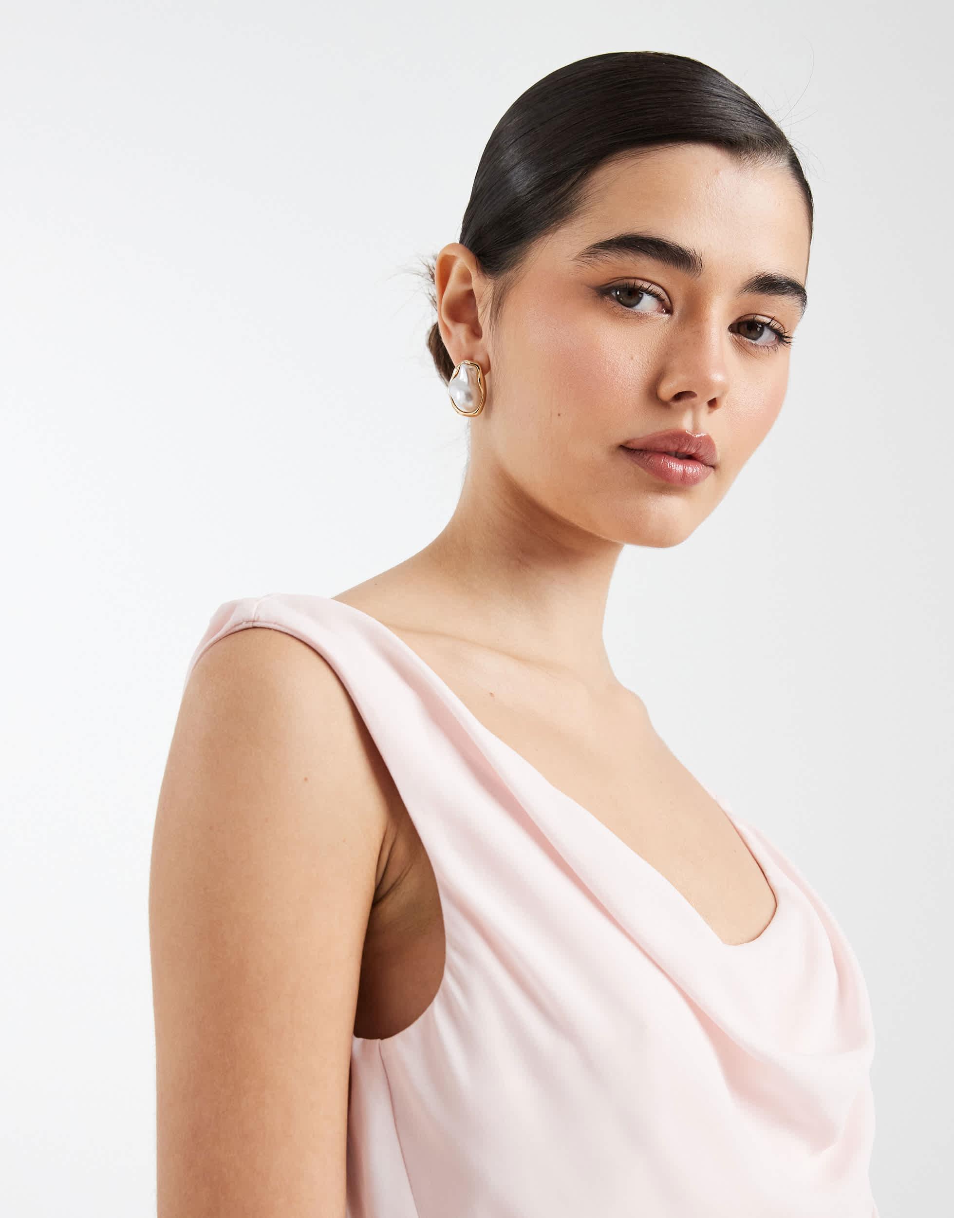 pink asymmetric cowl neck maxi dress Jarlo's Juni One Shoulder Maxi with Asymmetric Cowl Neck in Pink Satin –  Jarlo London main image 0