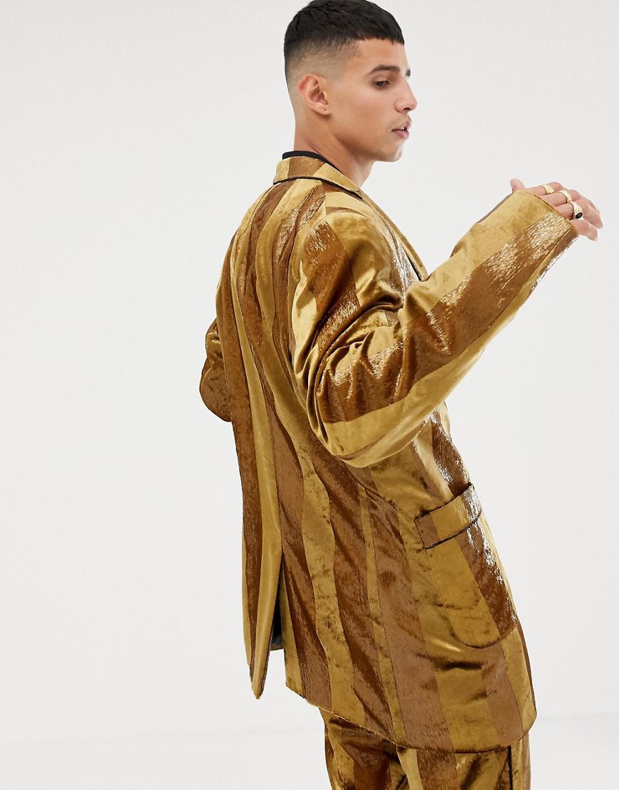 ASOS Oversized Suit Jacket In Tonal Velvet Mustard Stripe in Yellow for