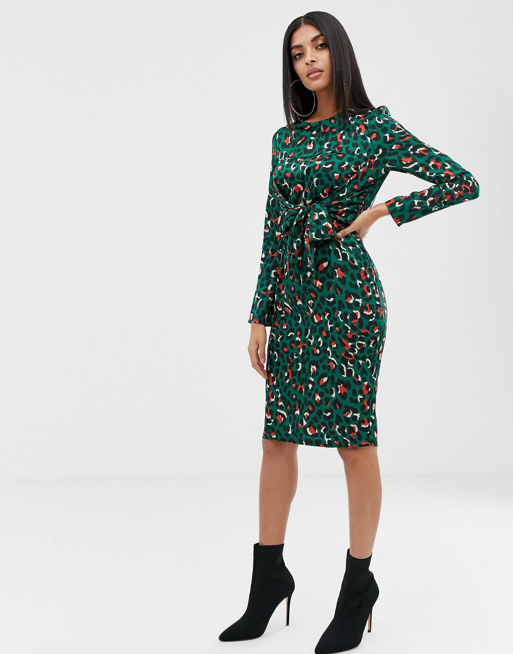 prettylittlething tie front midi dress in leopard