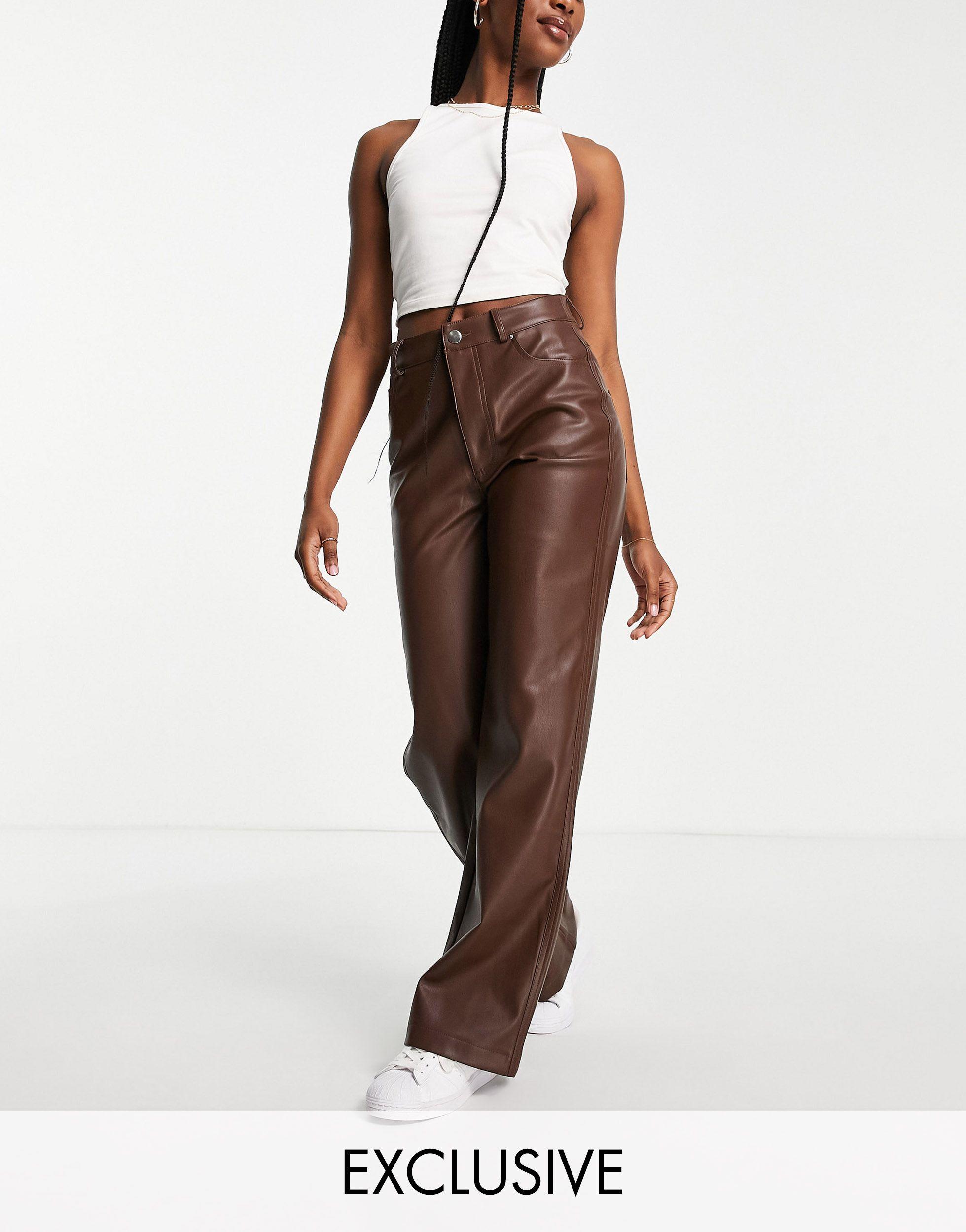 Stradivarius Dad Faux Leather Trousers in Brown | Lyst