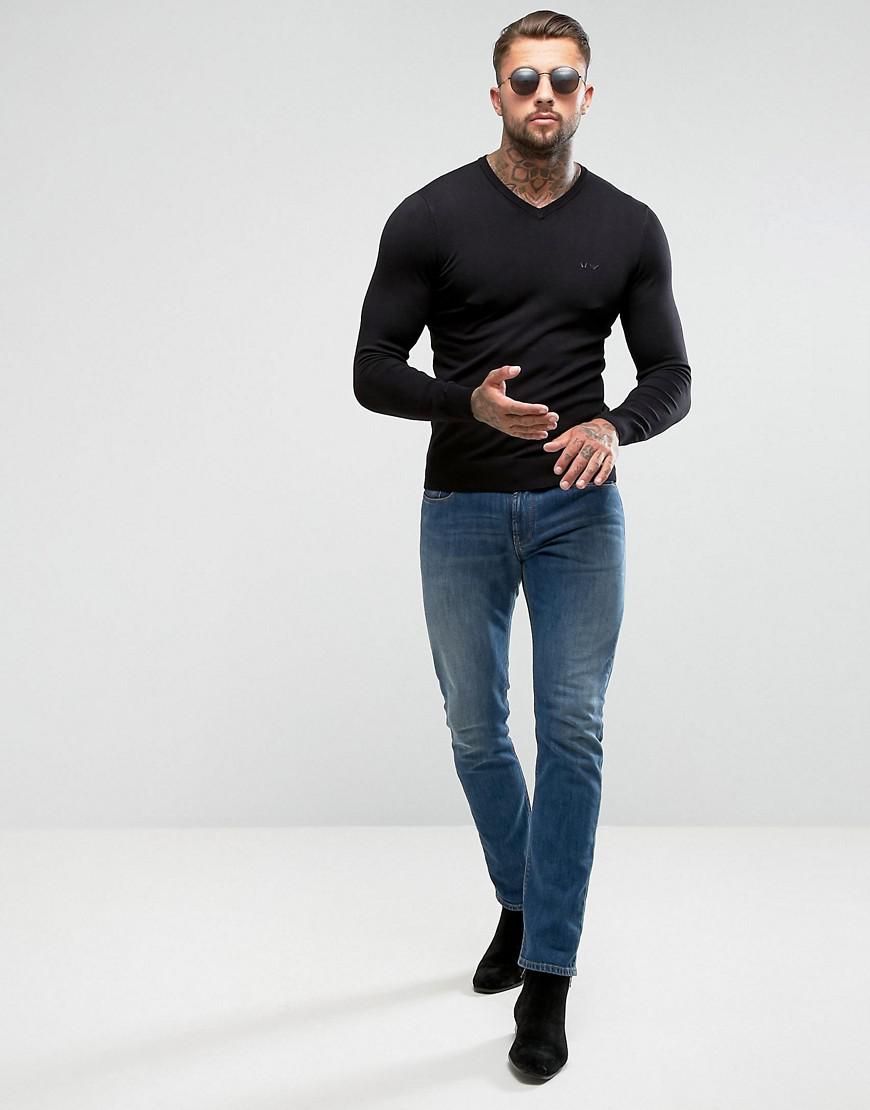 Armani Jeans Denim V Neck Logo Sweater Black for Men - Lyst