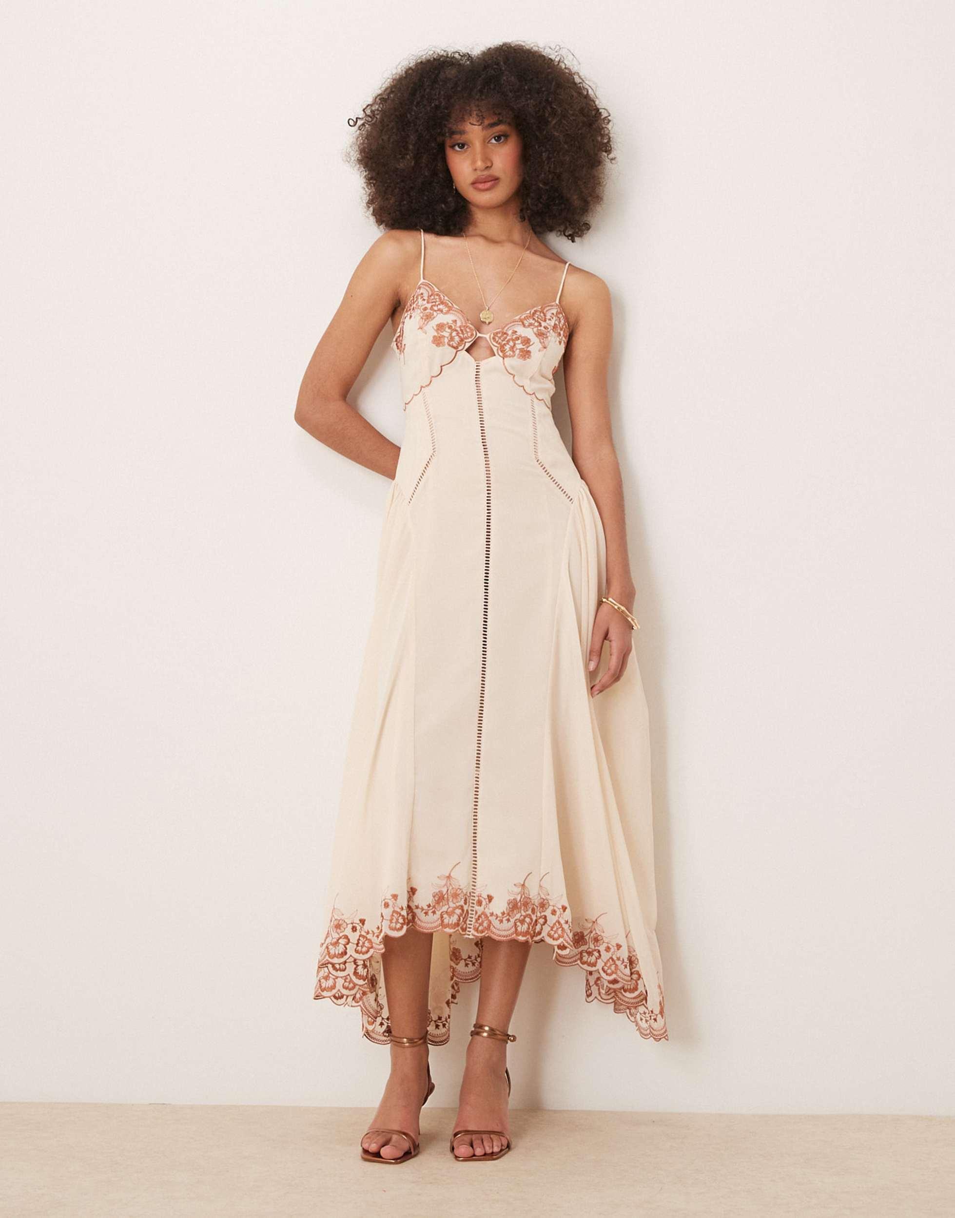ASOS Contrast Embroidered Cami Midi Dress With Ladder Trim Details in  Natural | Lyst