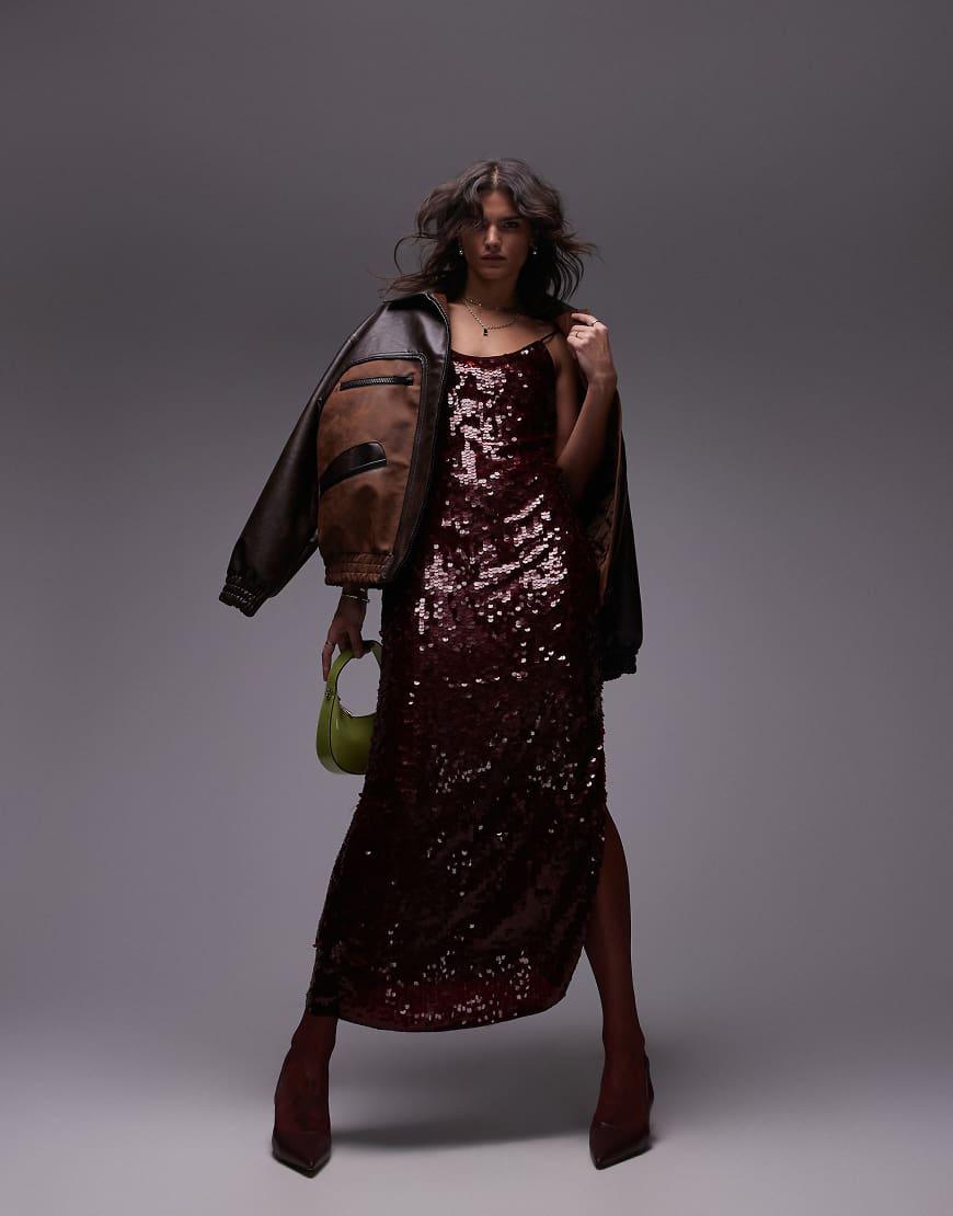 topshop sequin slip dress Topshop Sheer Sequin Cami Midi Slip Dress In Red