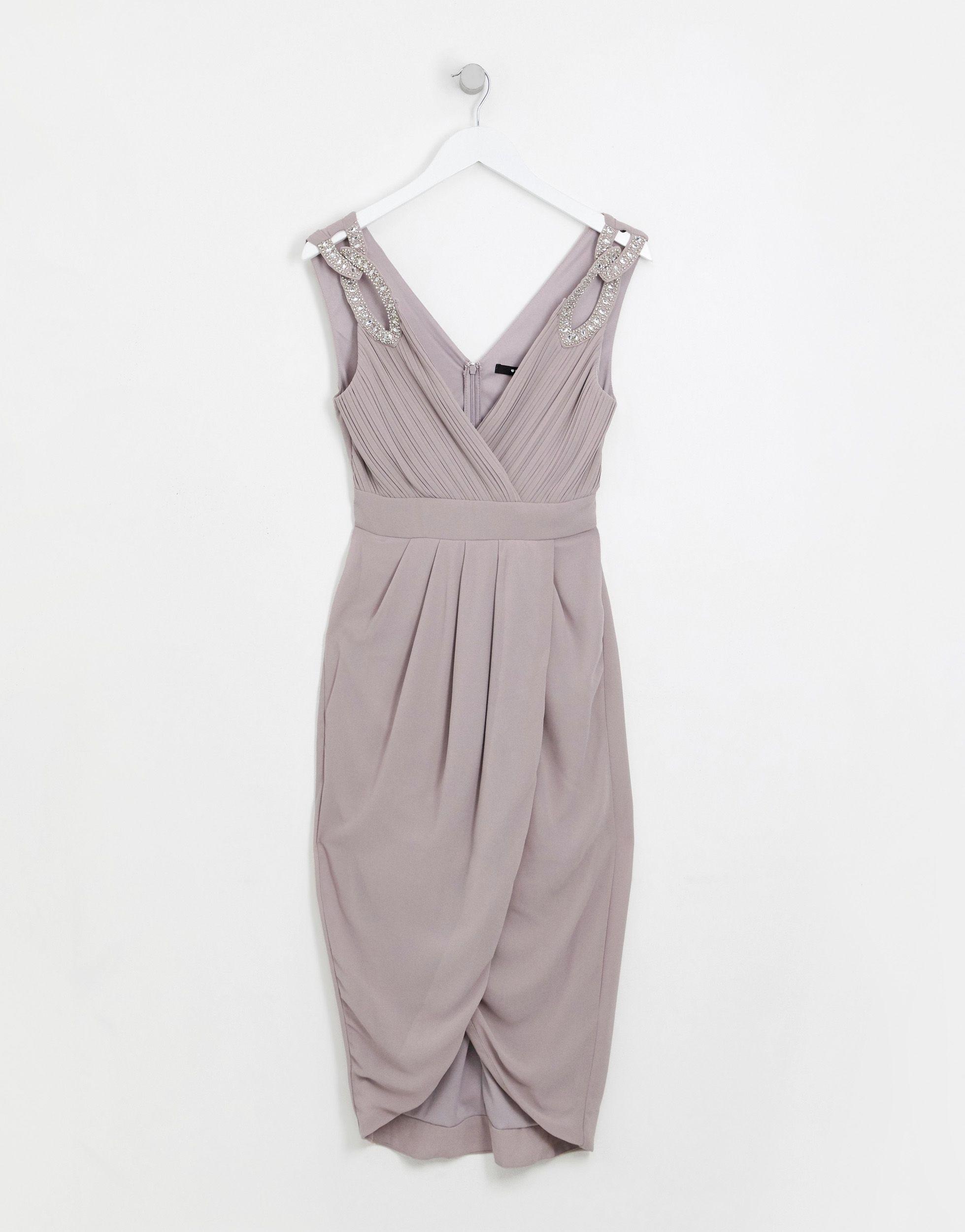 TFNC London Bridesmaid Exclusive Wrap Midi Dress With Embellished Shoulder  in Grey (Gray) | Lyst