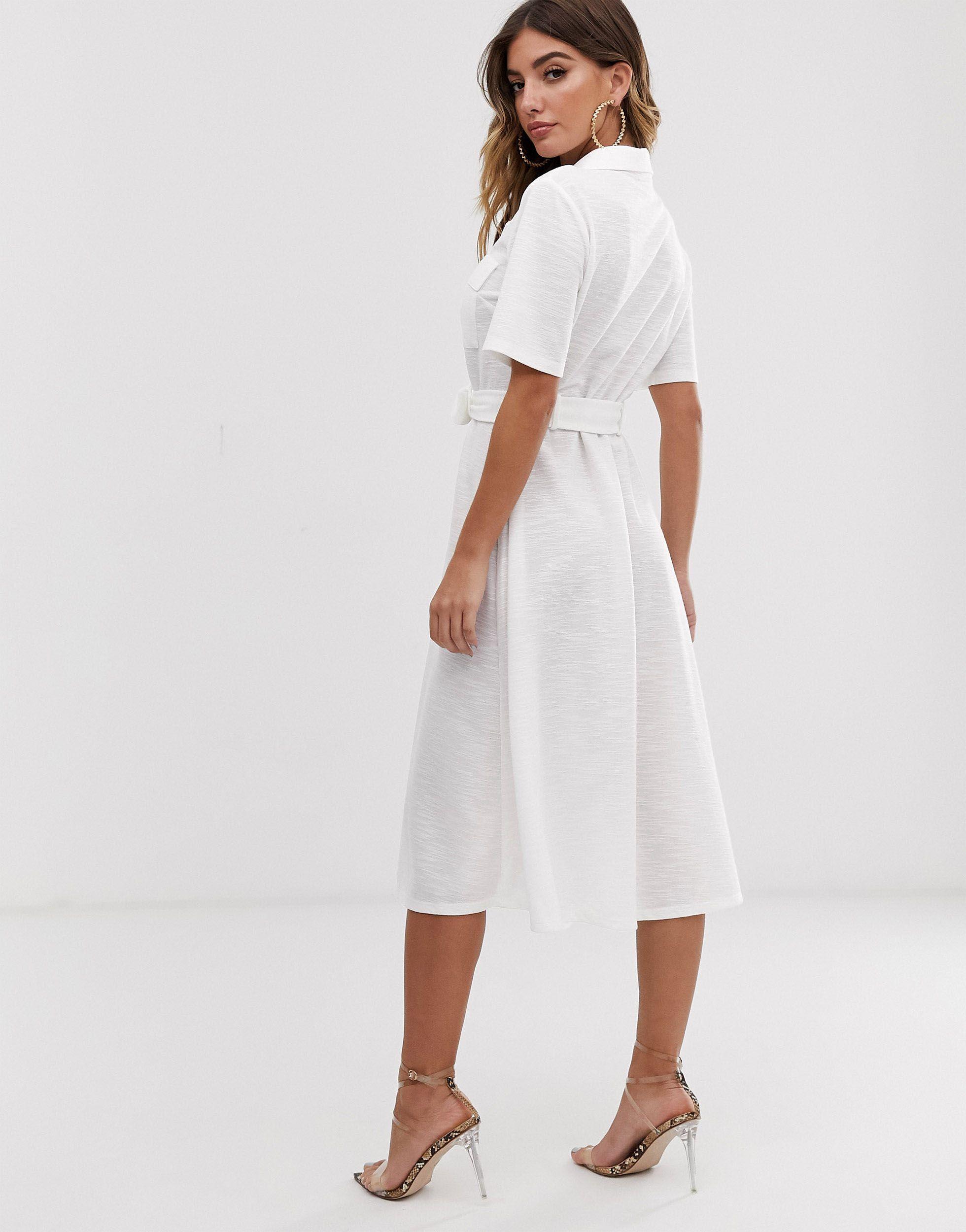 ASOS Midi Belted Shirt Dress in White | Lyst