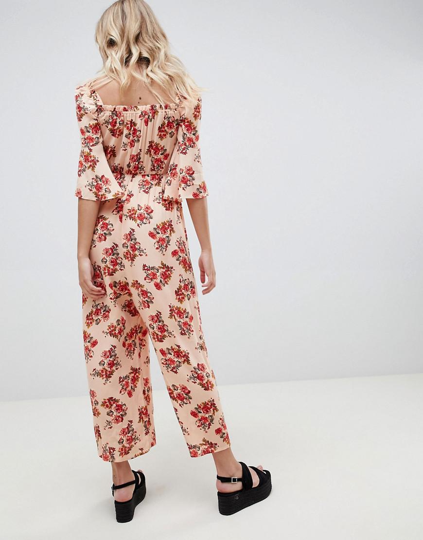 ASOS Denim Jumpsuit With Shirred Bodice In Ditsy Floral Print - Lyst