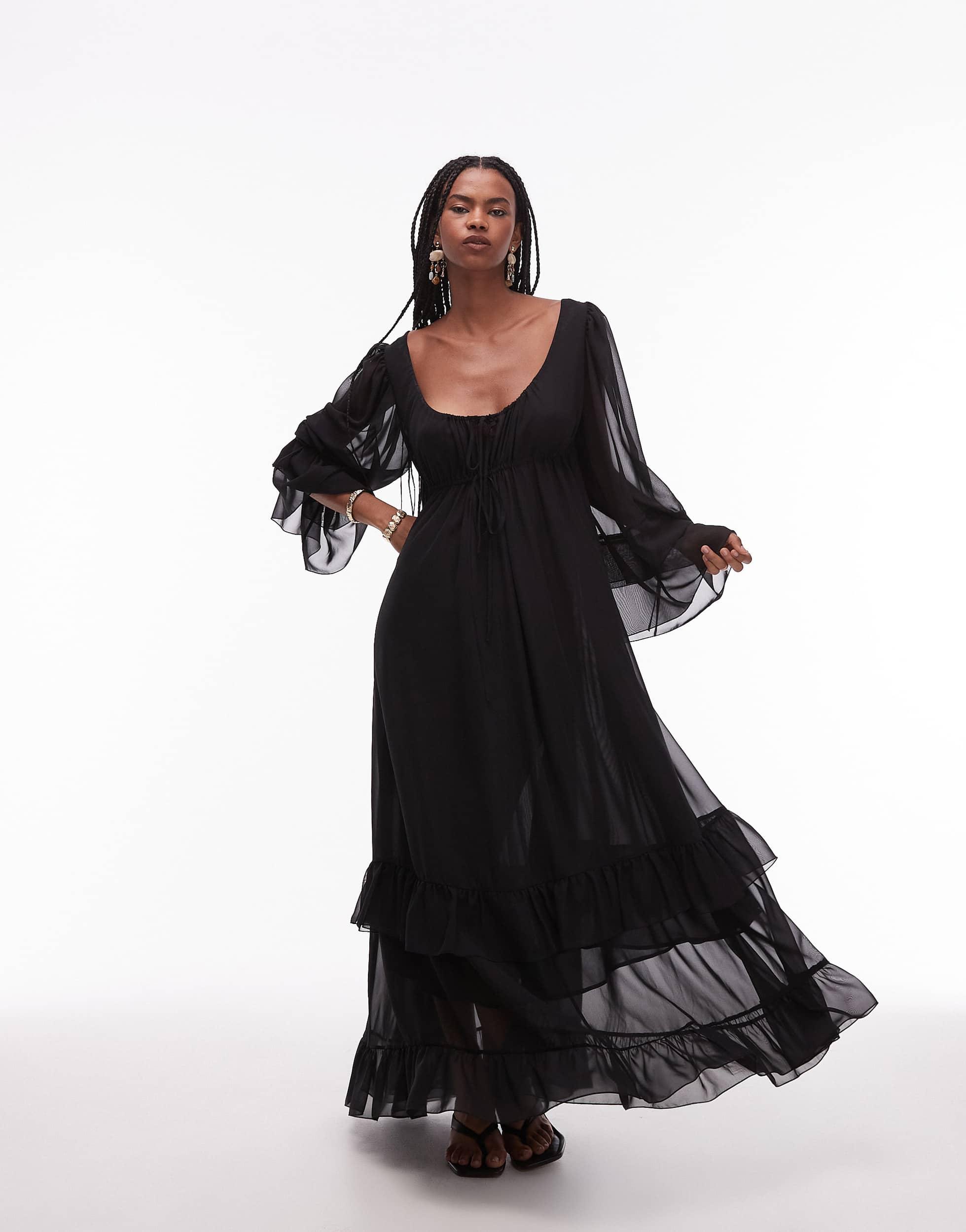 black tie dresses asos ASOS LUXE Curve maxi dress with waterfall ruffles and tie straps in black