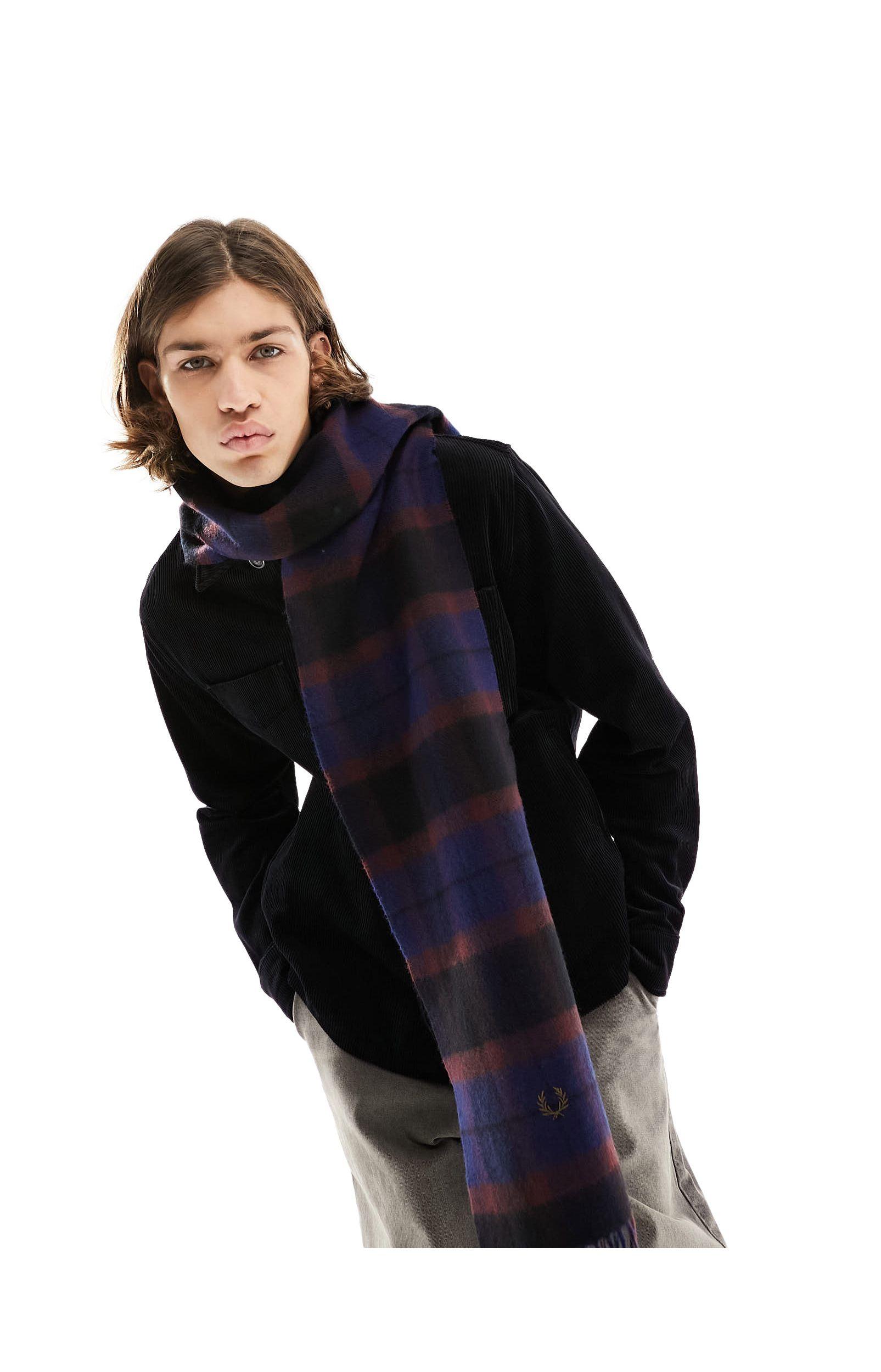 Fred Perry Tartan Wool Scarf in Blue for Men | Lyst