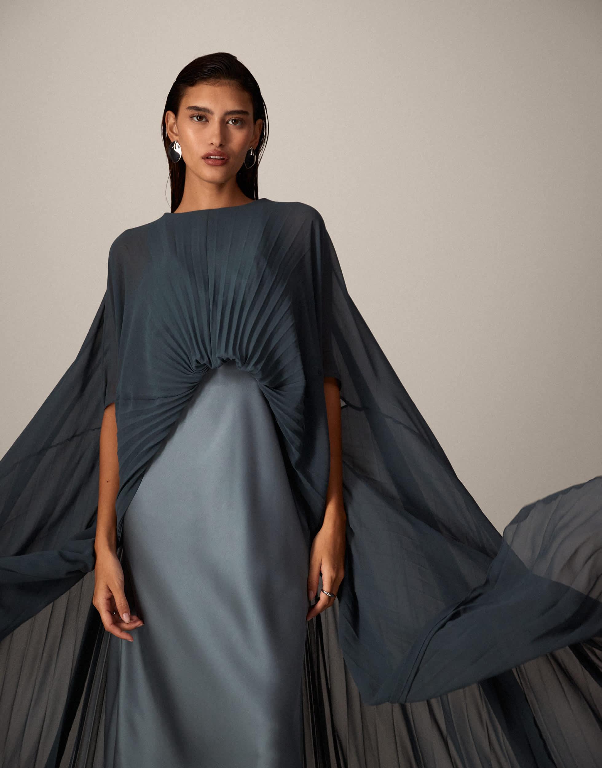 pleated cape high neck shift dress Pleated Mock Neck Cape Dress
