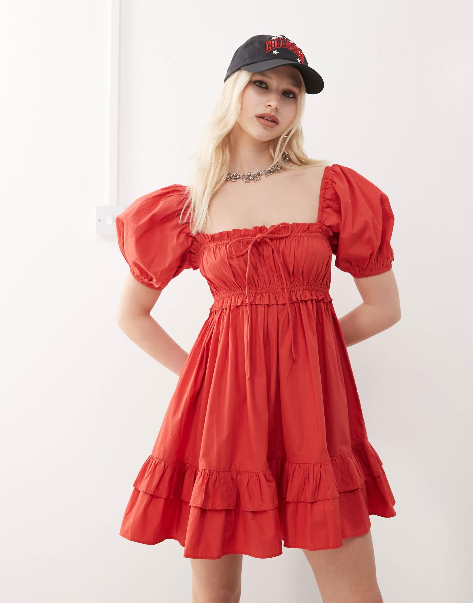 red dress milkmaid Sunshine Lane Milkmaid Sleeve Lace-up Back Dress Striped Red