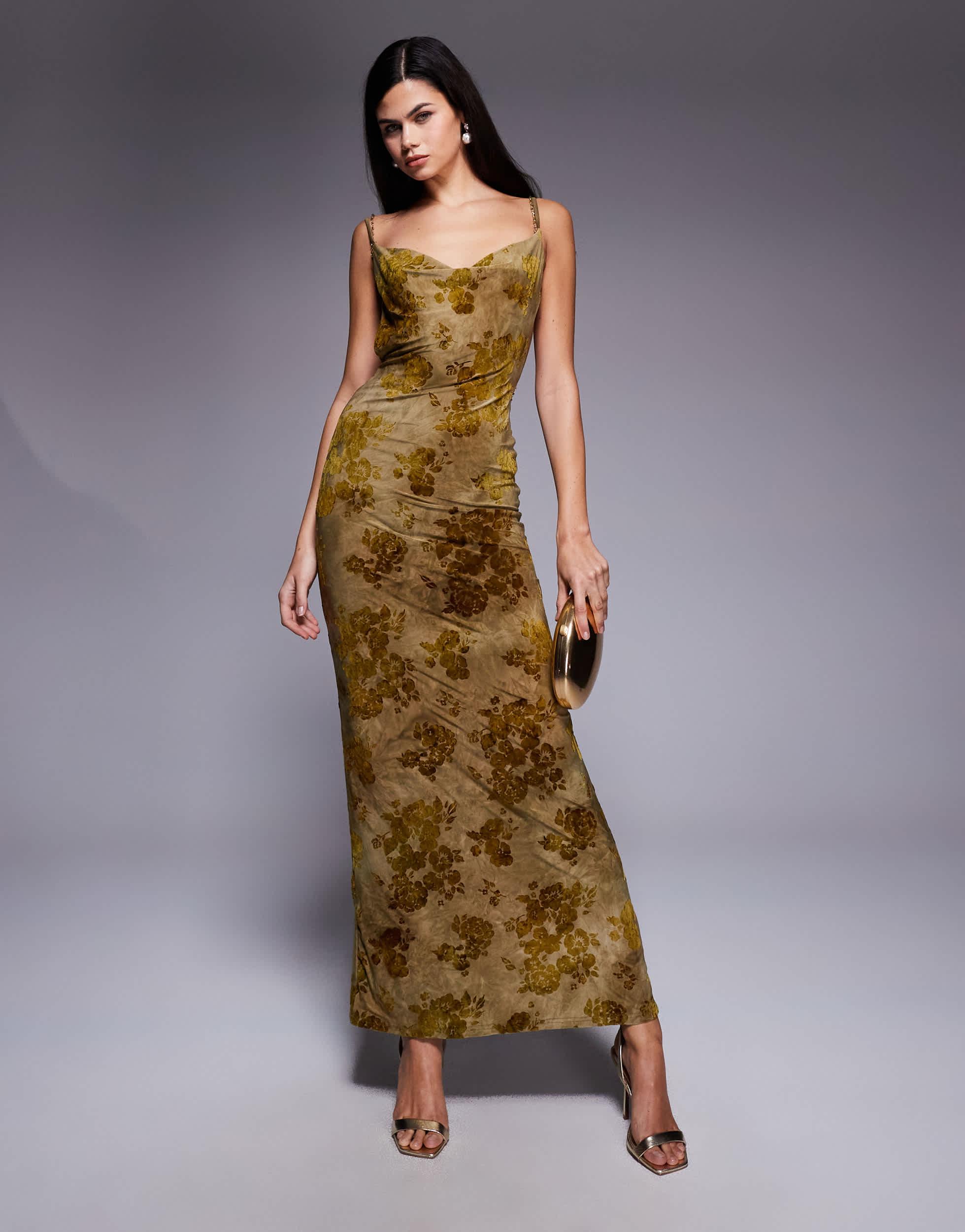 tiger mist gold dress Tamarin cowl neck open back hardware detail maxi in animal print The product images (without model) are closest to the products true colour Tiger Mist Azelma Dress Gold