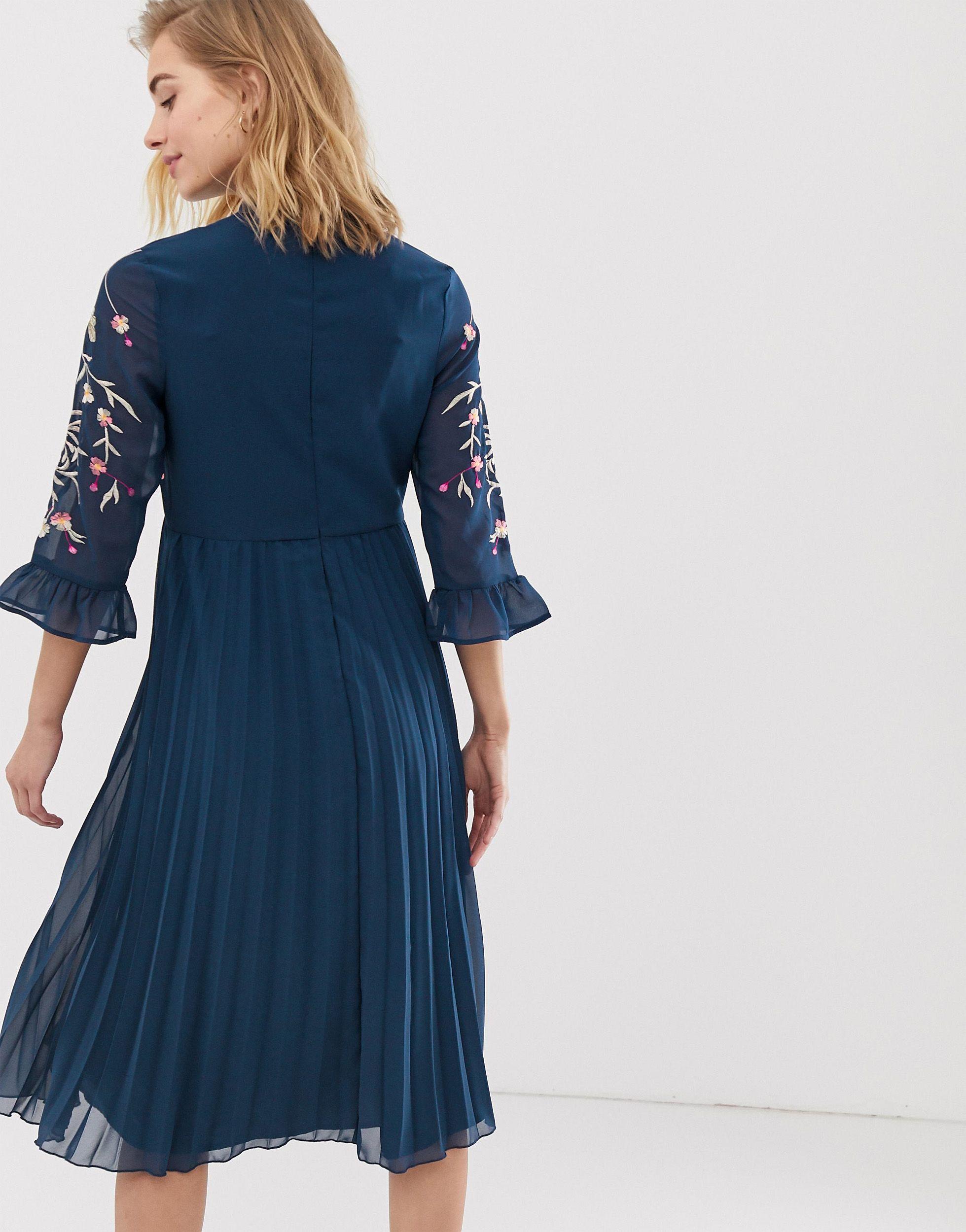 asos design long sleeve midi dress with embroidered flowers and ruffle detail