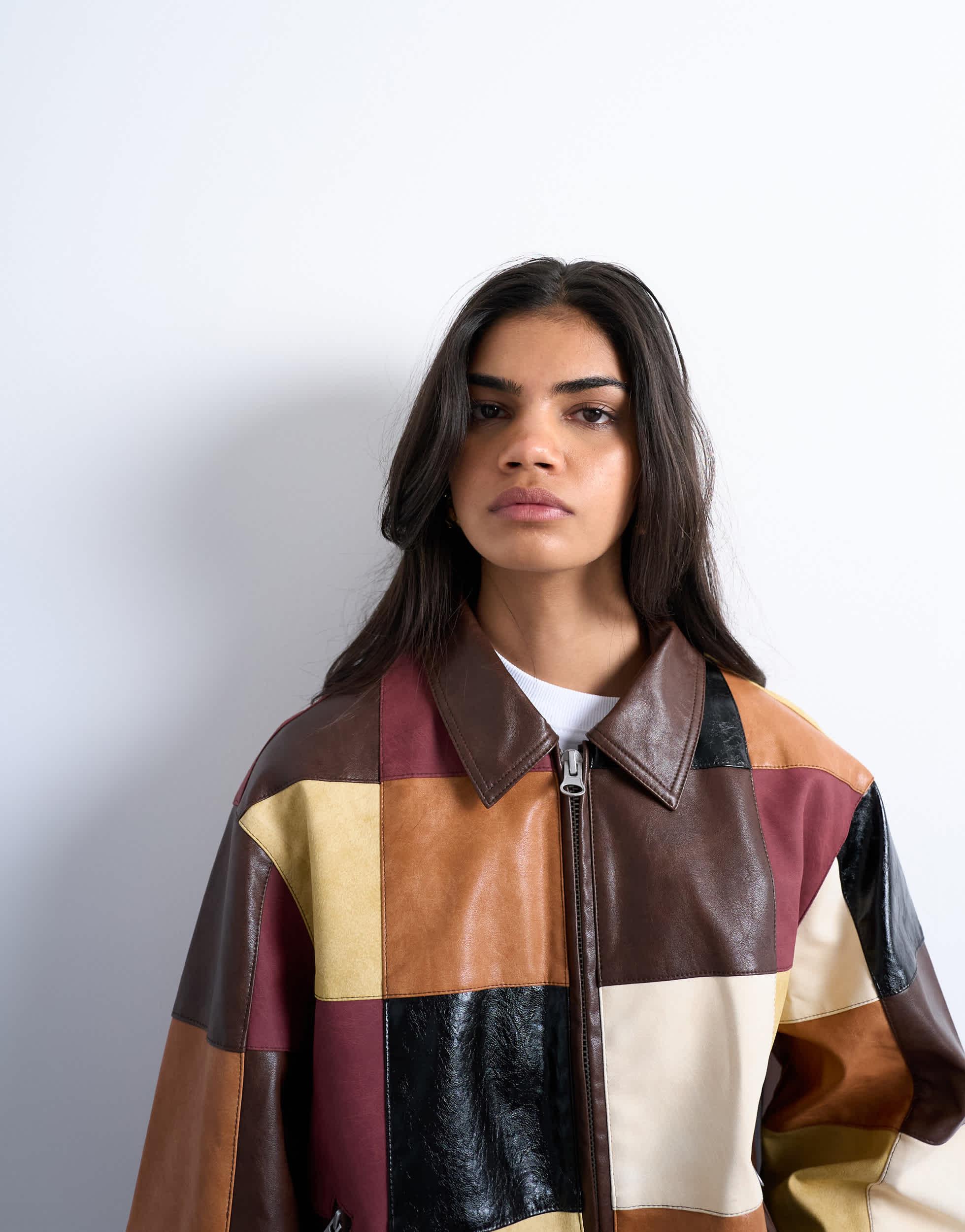 TOPSHOP Faux Leather Patchwork Zip Jacket | Lyst