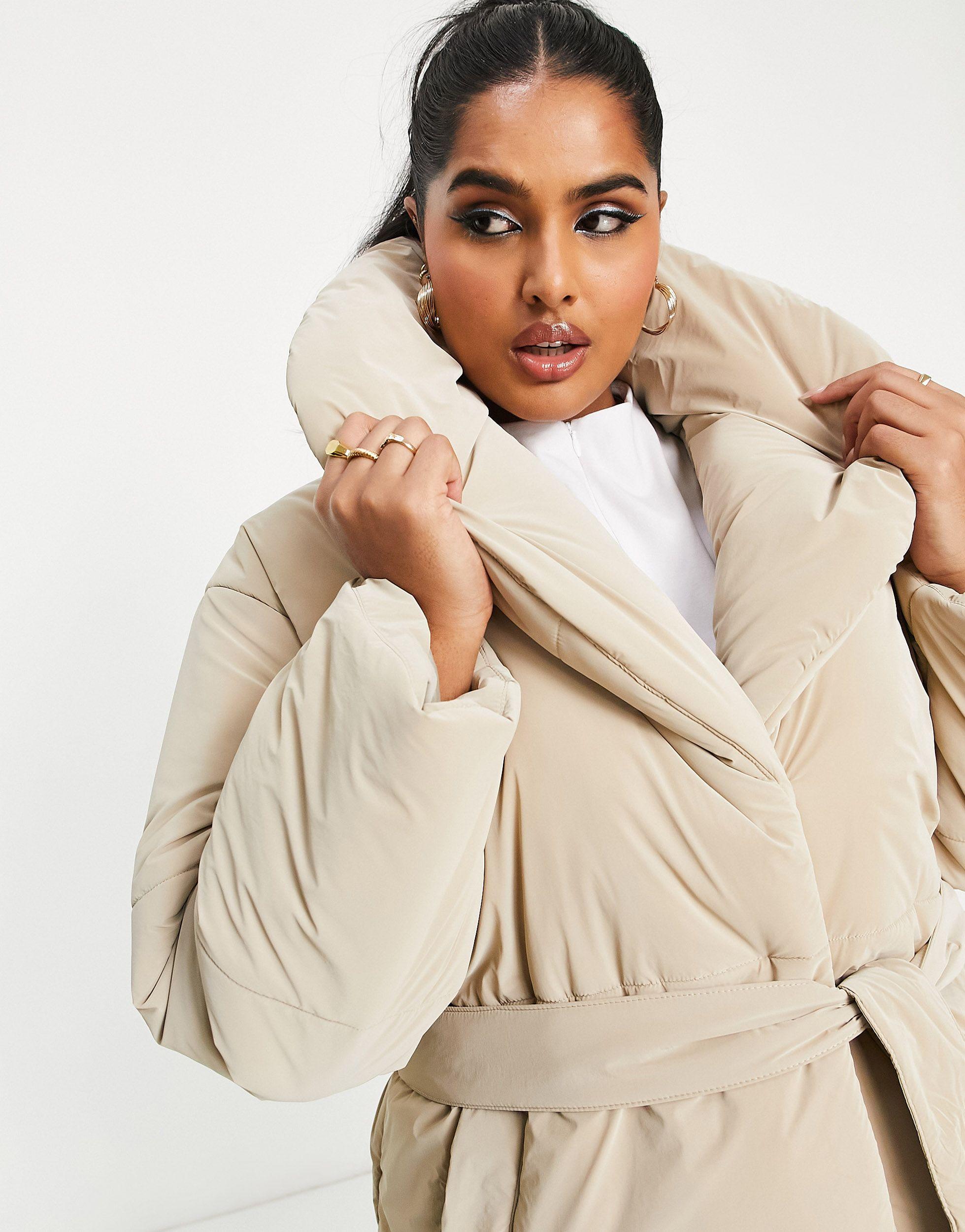 ASOS Asos Design Curve Velour Look Belted Puffer Coat in White | Lyst