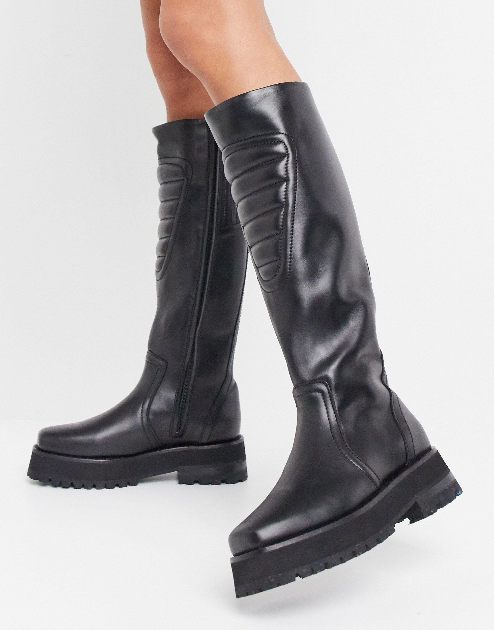 & other stories leather tall chunky flat boots in black
