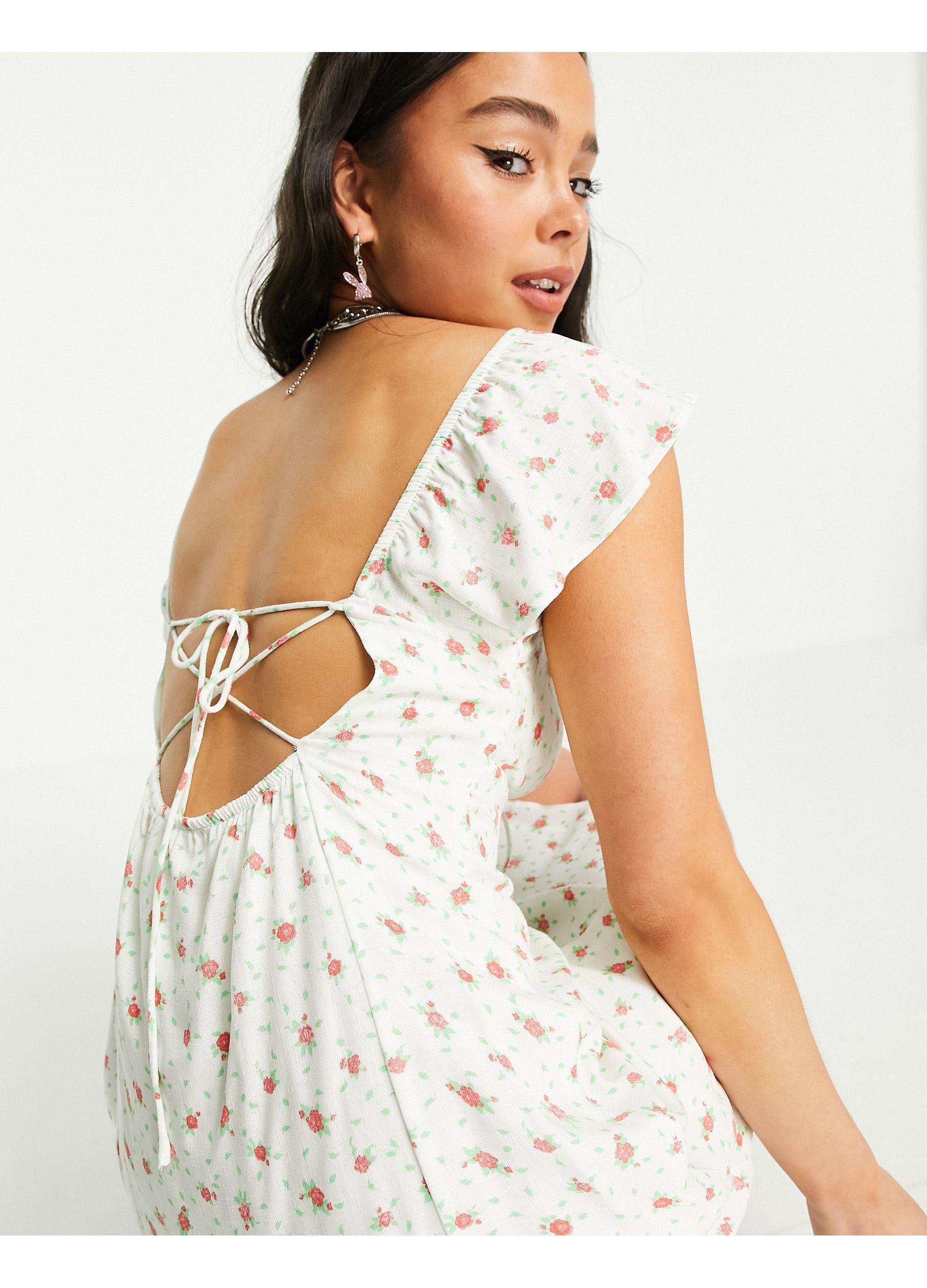 Bershka Floral Rose Printed Mini Dress With Lace-up Back in White | Lyst