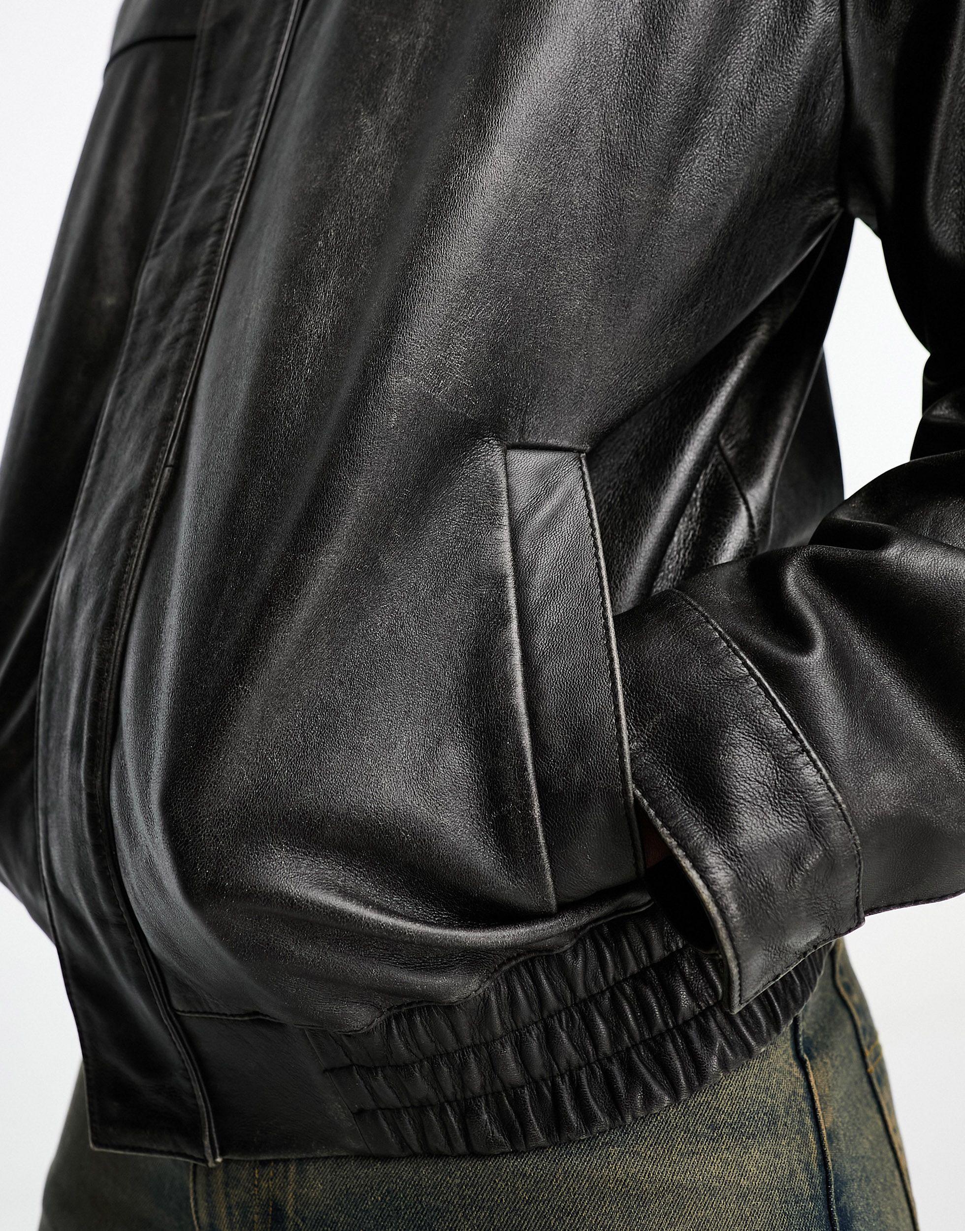 ASOS Design Real Leather Varsity Bomber Jacket in Green