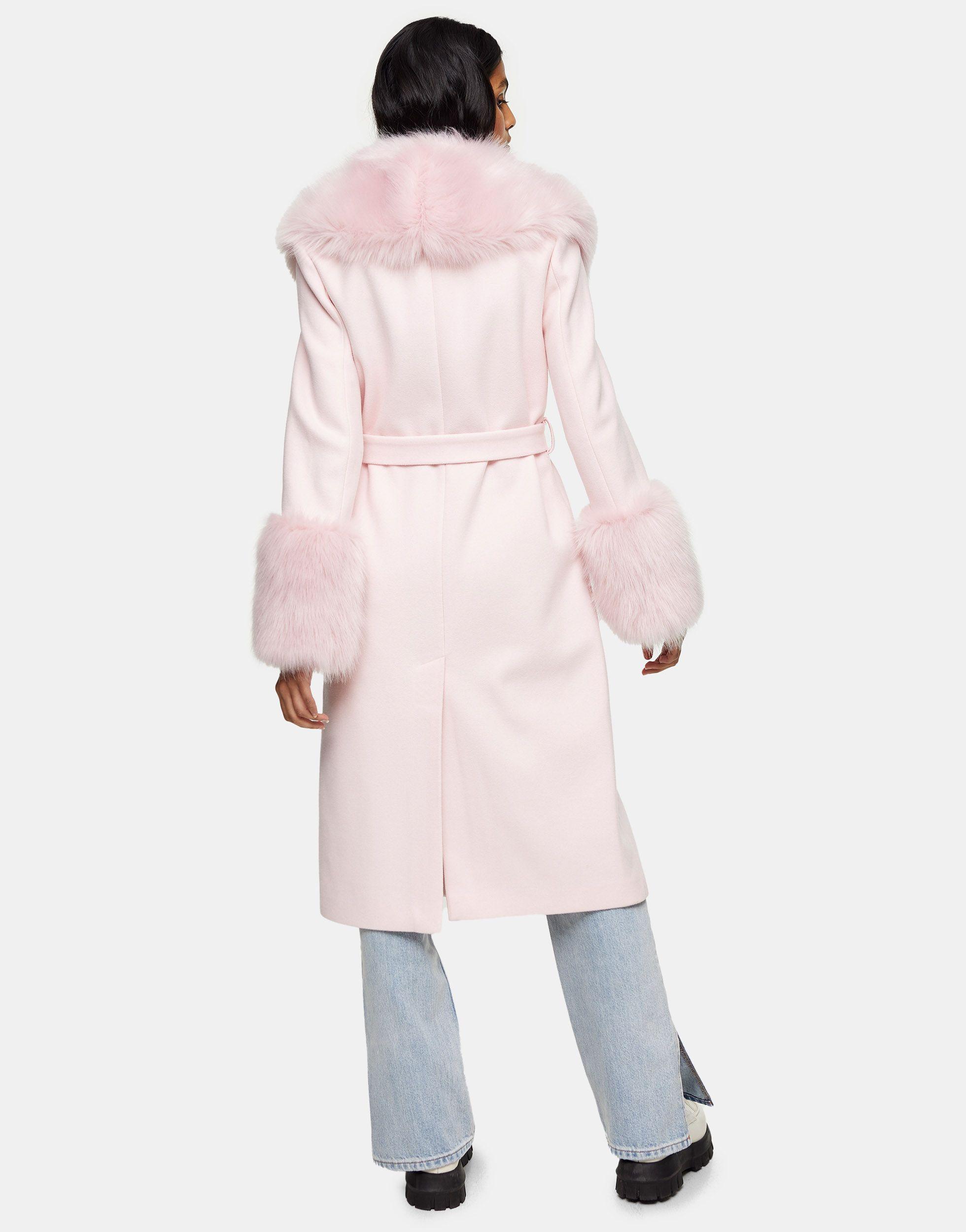 TOPSHOP Faux Fur Trim Coat in Pink | Lyst
