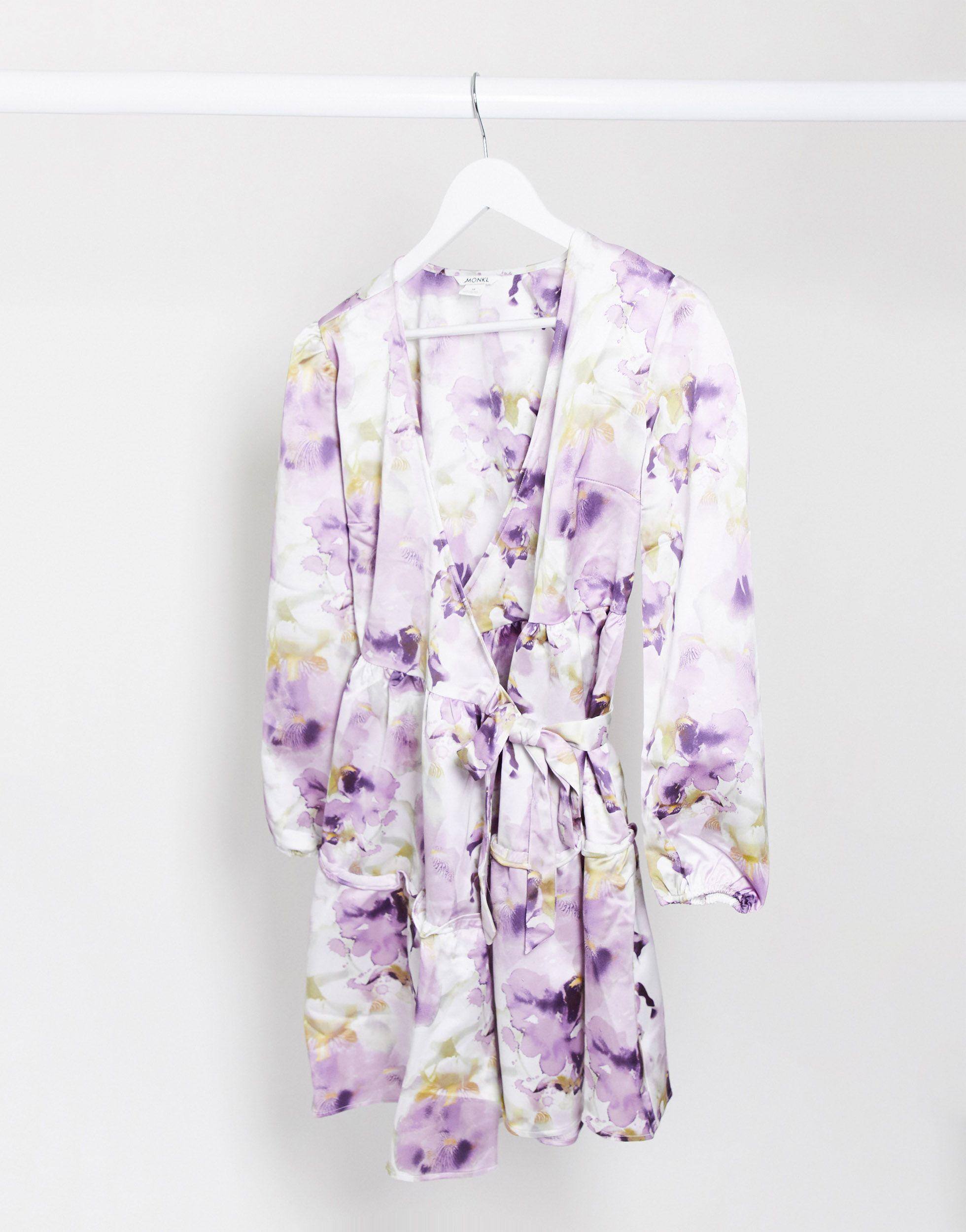 Monki Molly Long Sleeve Floral Print Wrap Dress in Purple | Lyst