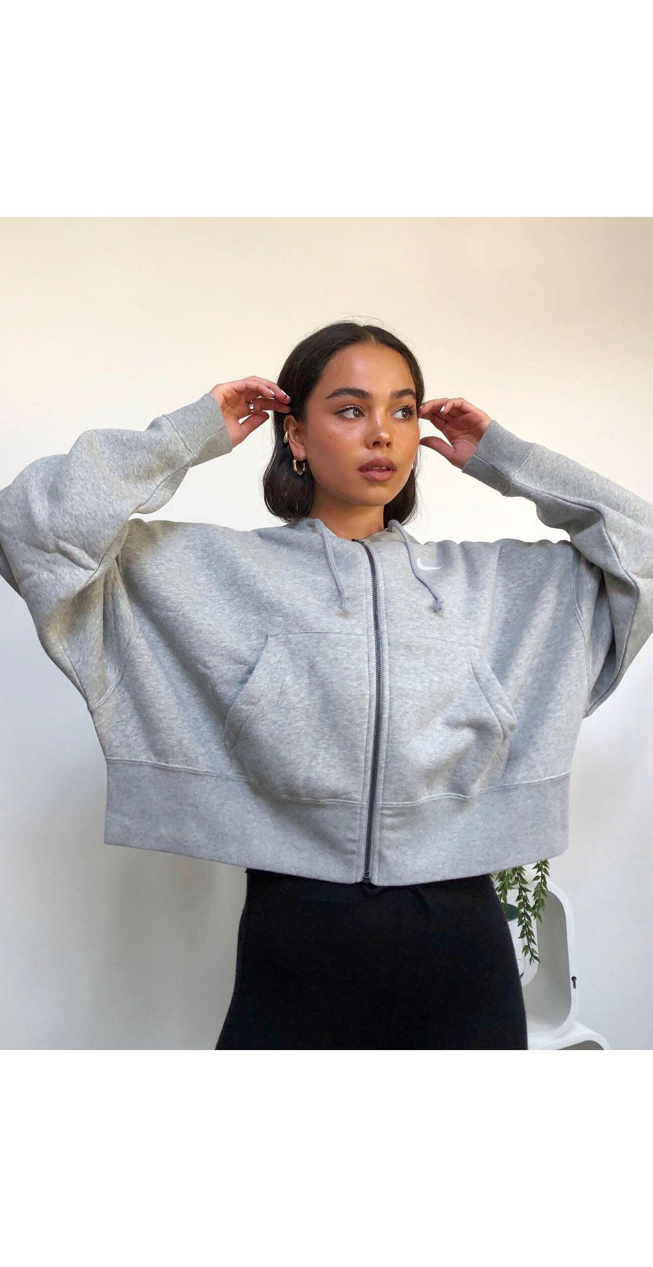 nike mini swoosh oversized cropped grey zip through hoodie